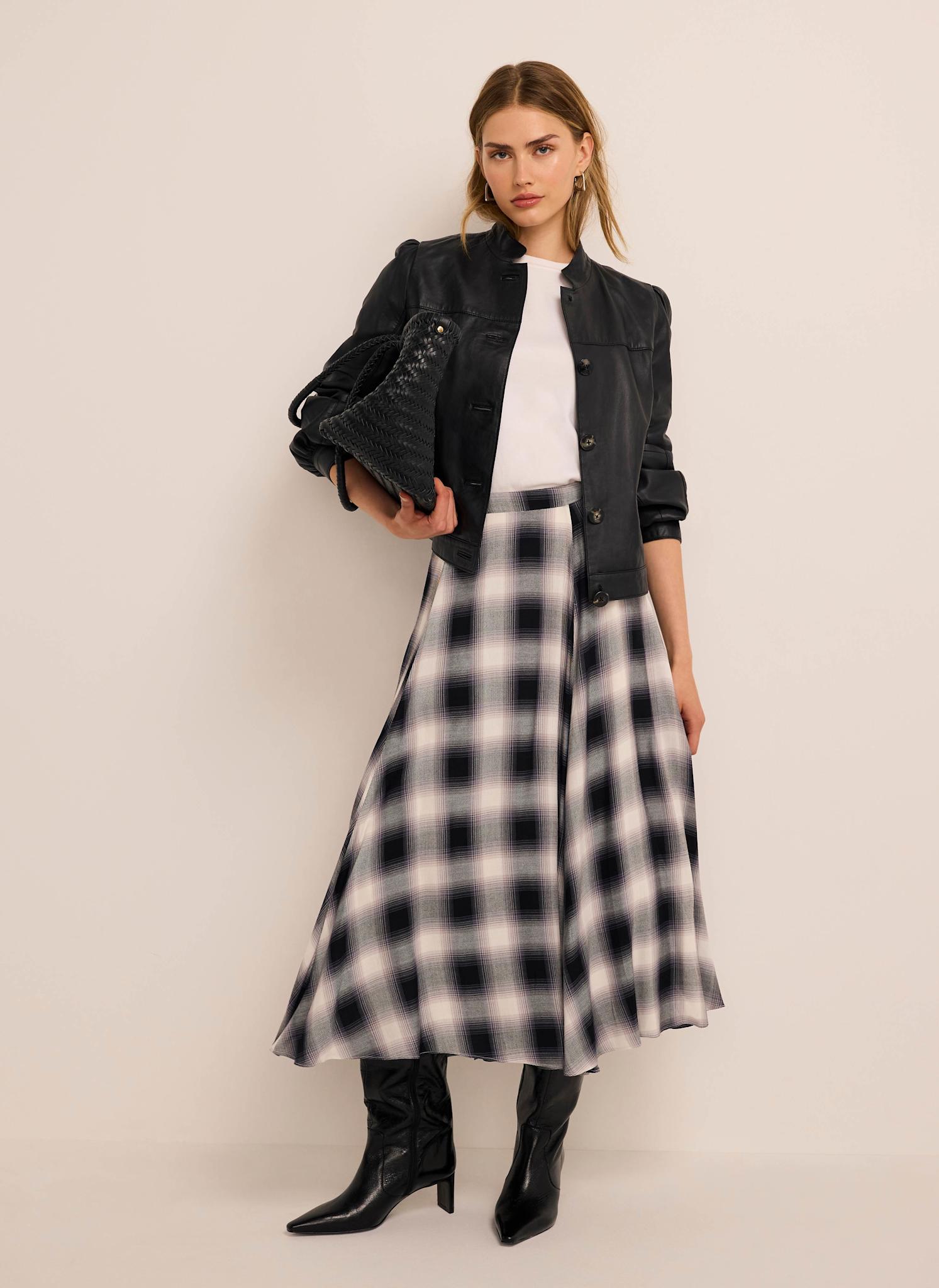 Grey Checked Midi Skirt