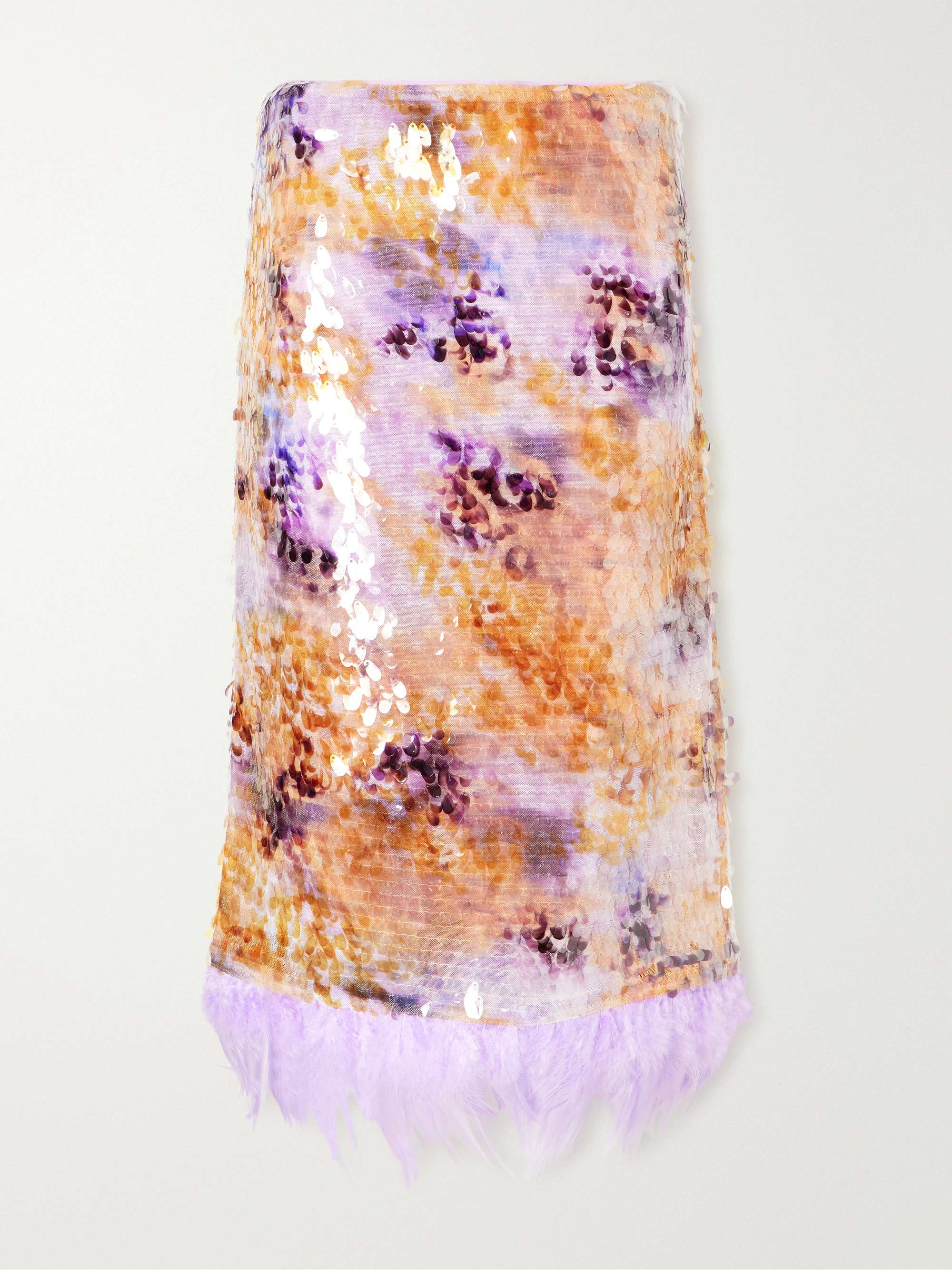 Lark Sequin-Embellished Feather-Trimmed Mesh Midi Skirt