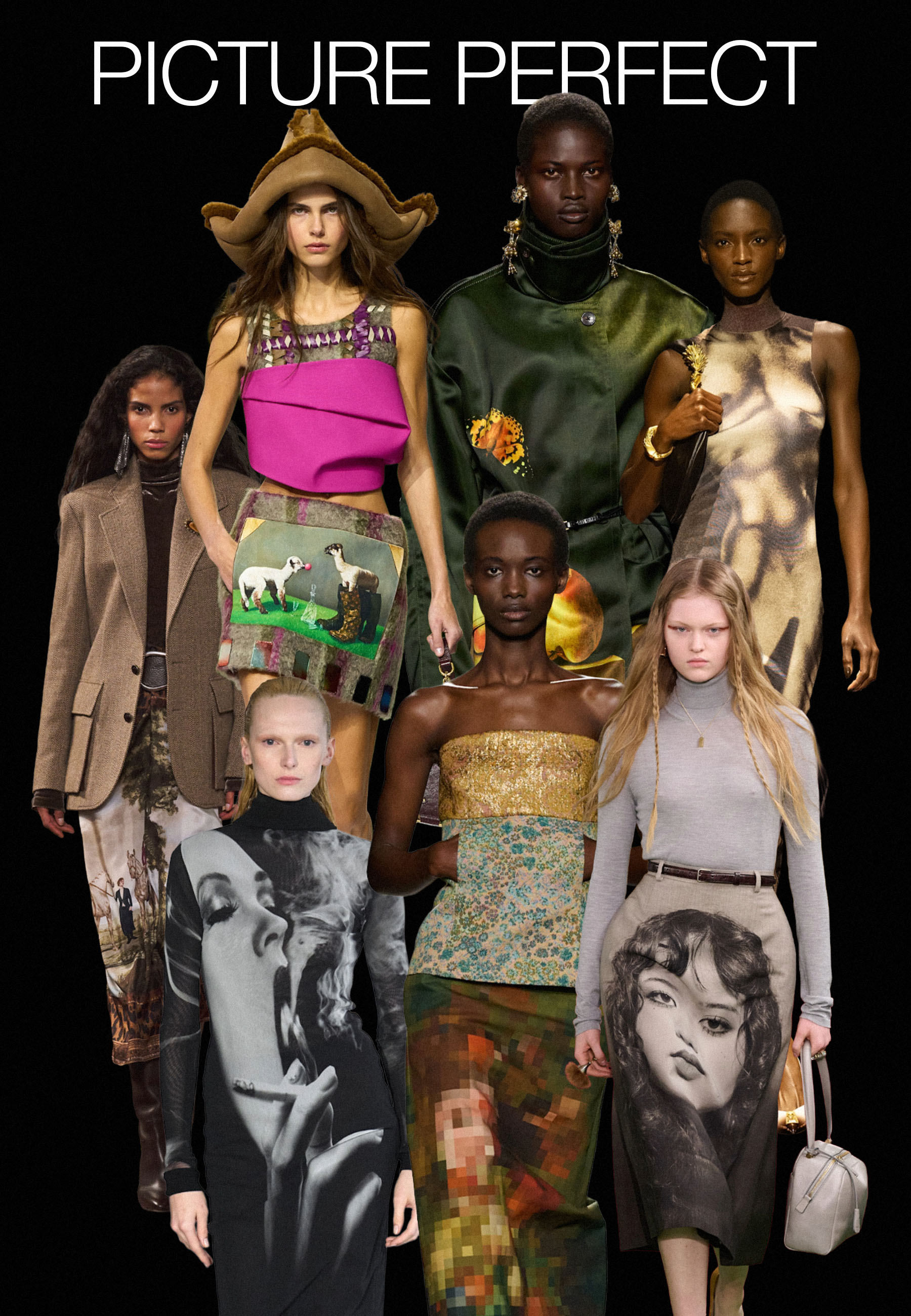 Collage of models on the autumn/winter 2026 runways at Louis Vuitton, Dries van Noten, Acne Studios, Ralph Lauren, Jean Paul Gaultier wearing the 'picture perfect' trend.
