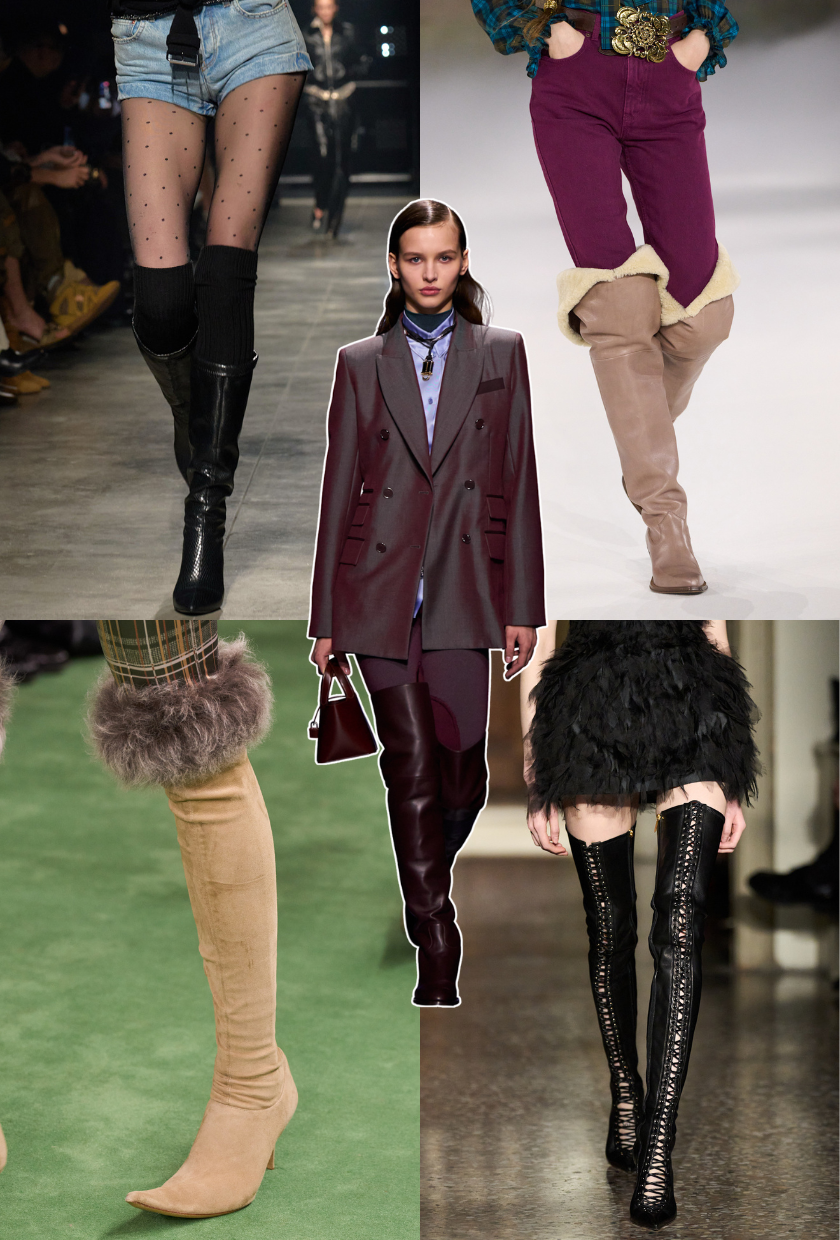 Autumn boots trends 2026. Image shows the over the knee boost trend from Acne Studios, Isabel Marant, Chloe and more