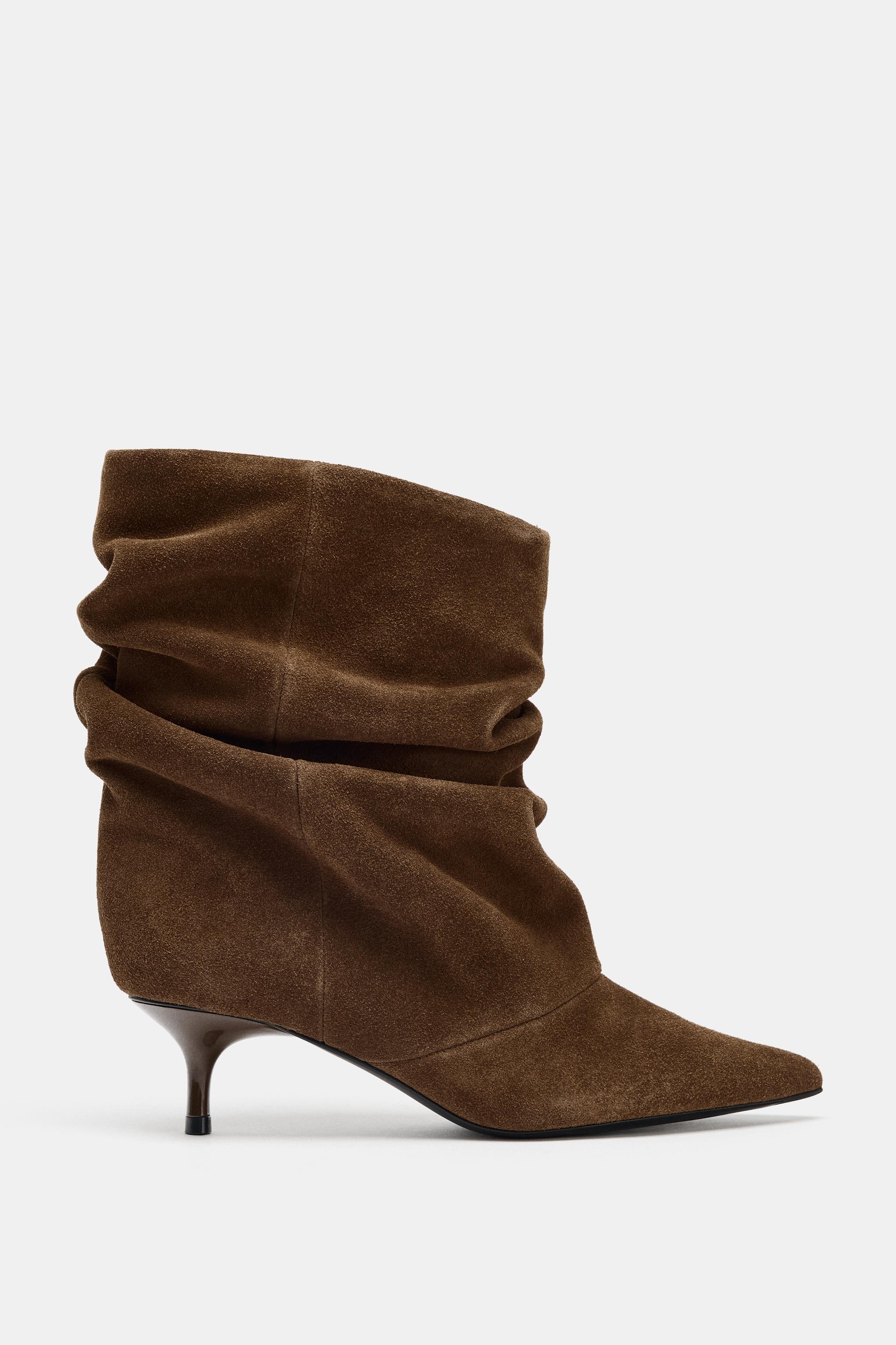 Ruched Suede Ankle Boots - Dark Tan - 5