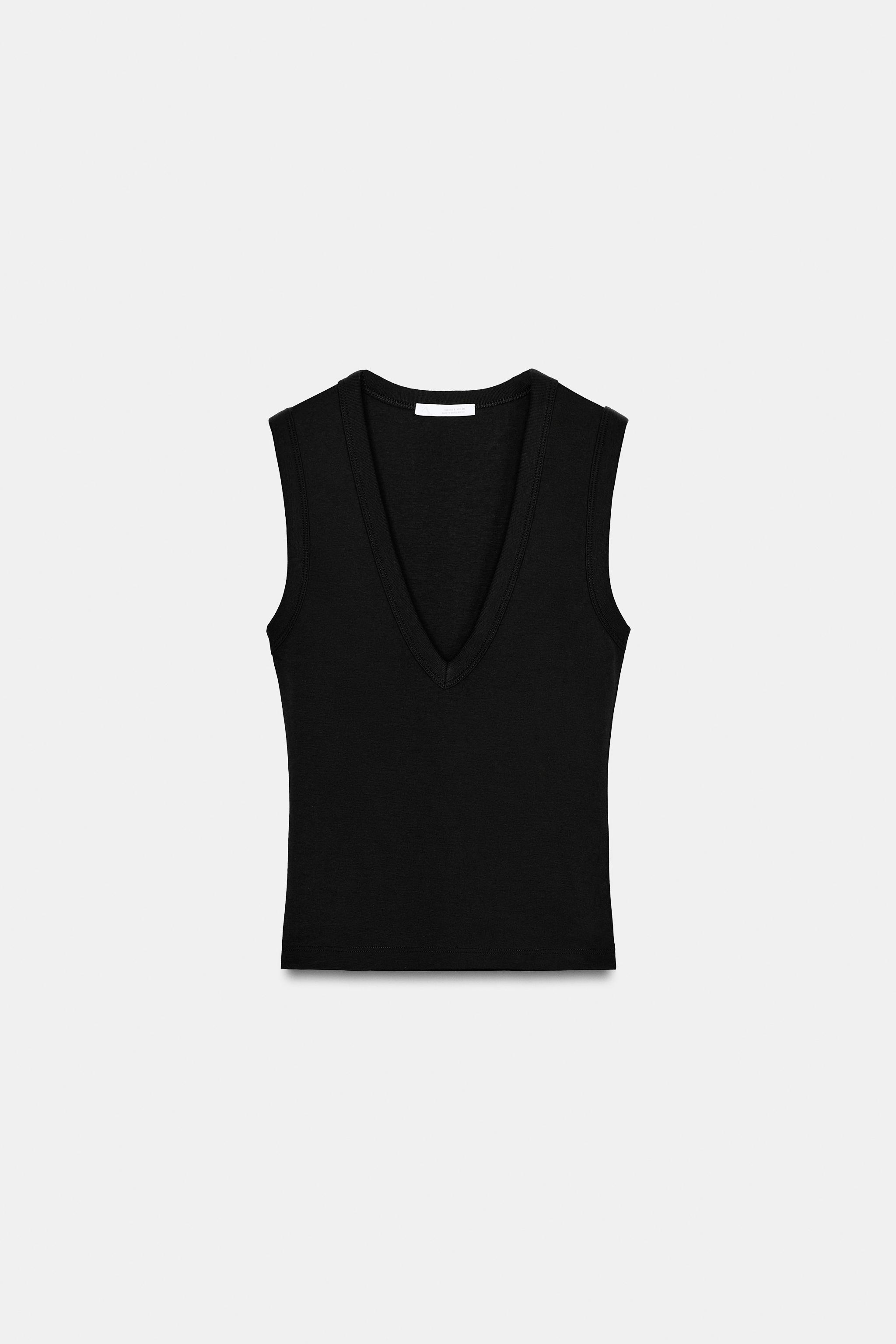 Cotton V-Neck T-Shirt - Black - S