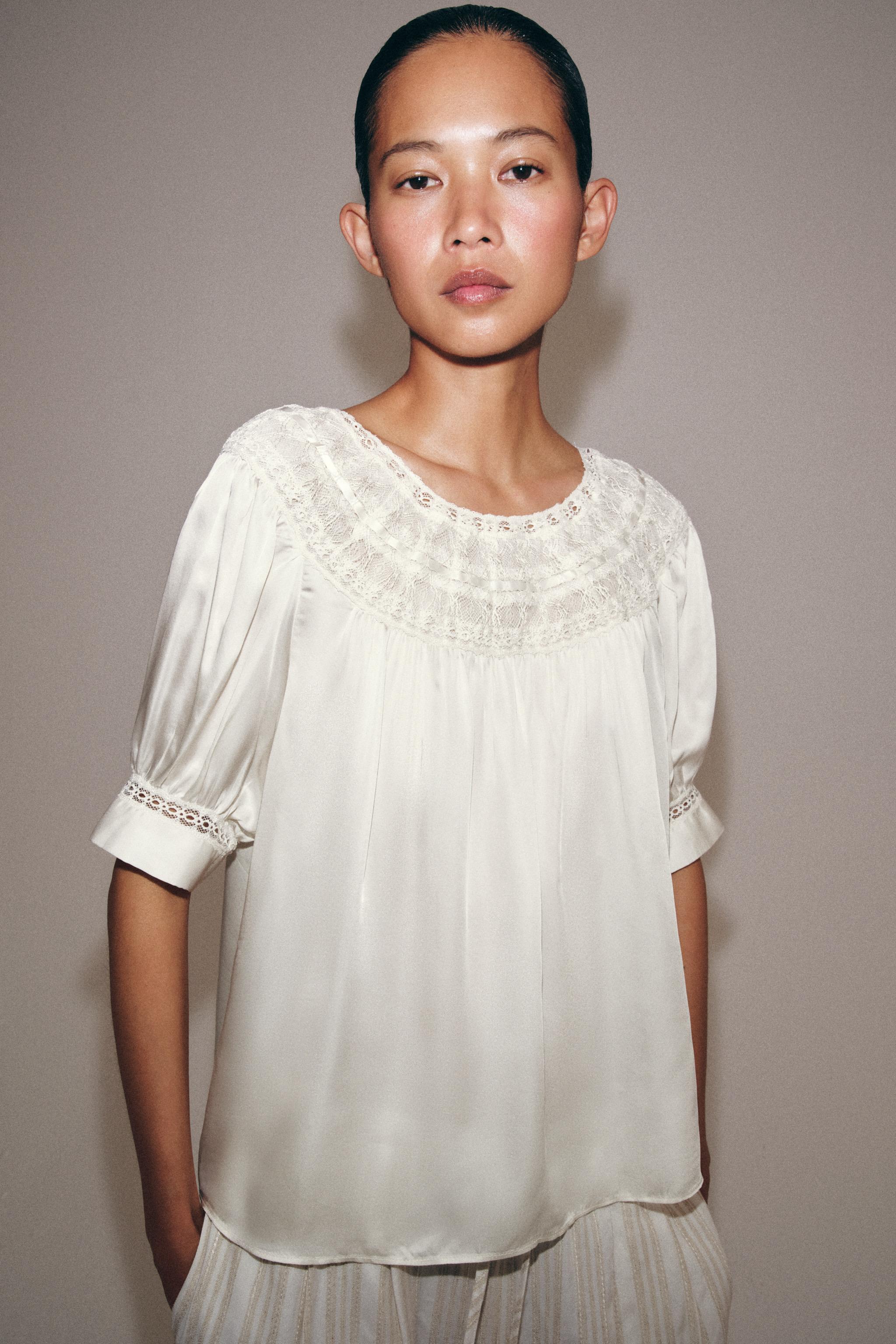 Zw Collection Lace Short Sleeve Blouse - White - Xs