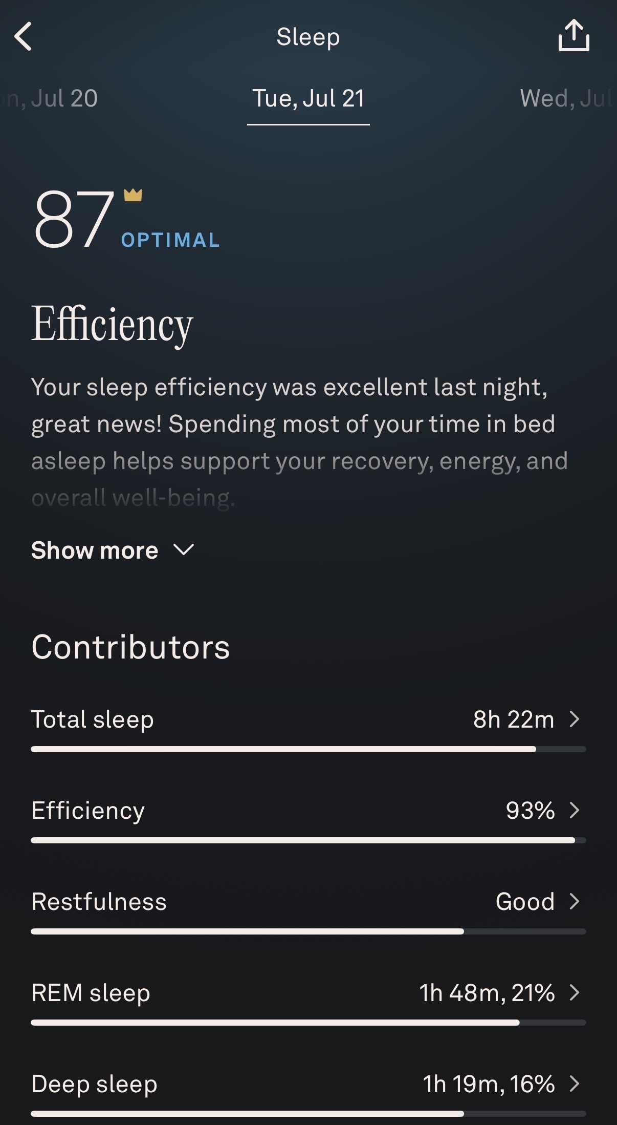 WWW associate beauty editor Alyssa Brascia's sleep score on her Oura Ring from June 21, 2026.