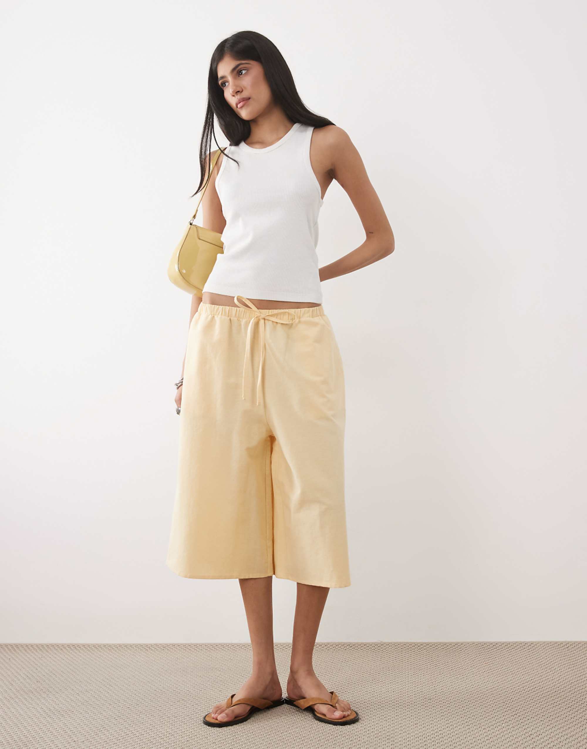 Asos Design Long Line Bermuda Short in Buttermilk Linen