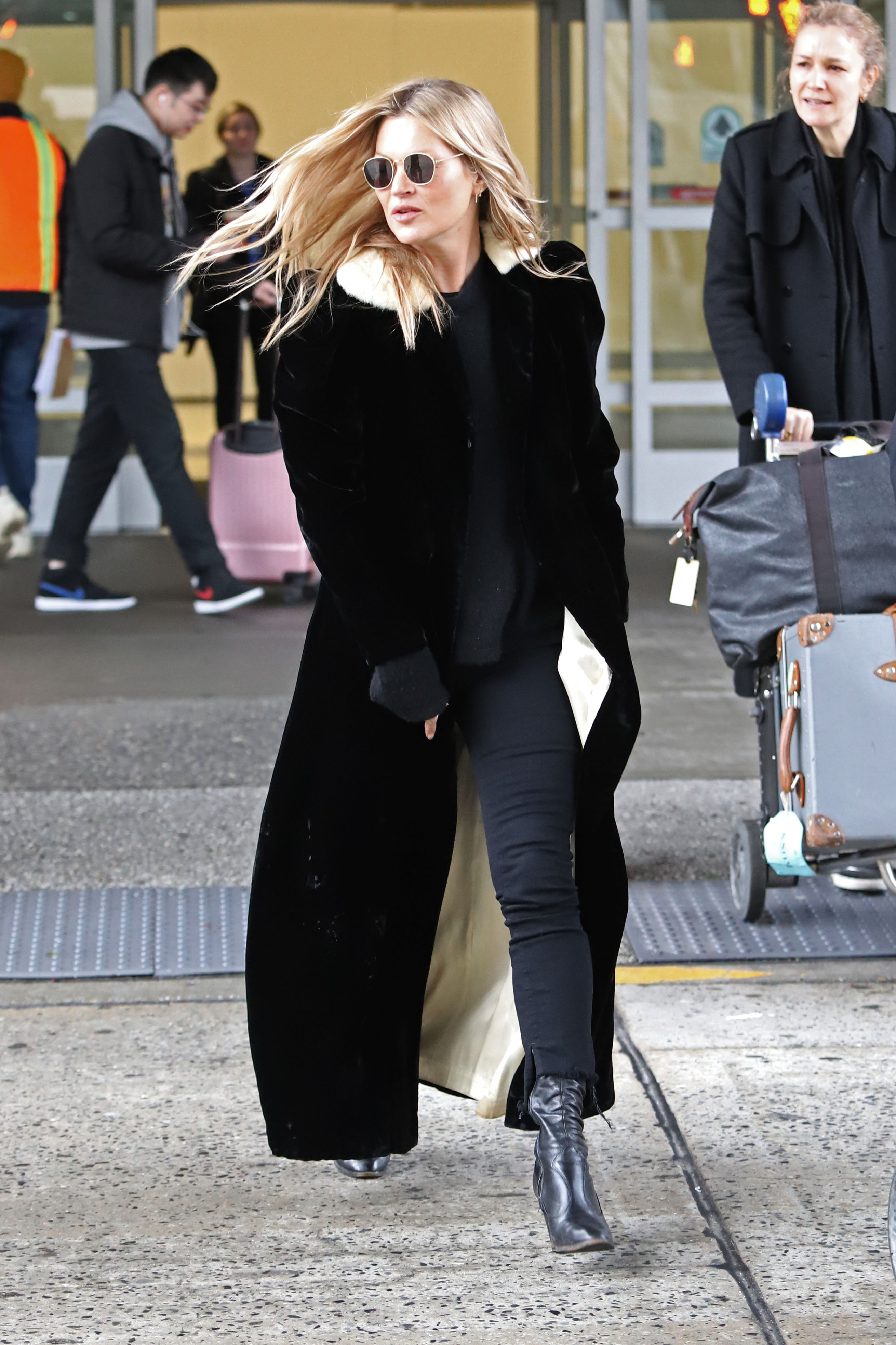 NEW YORK, NY - FEBRUARY 07: Kate Moss arrives at JFK airport on February 7, 2019 in New York City.