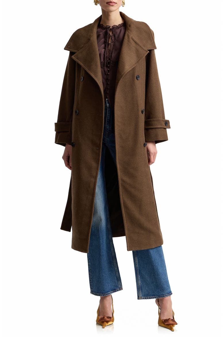 Belted Funnel Neck Herringbone Trench Coat