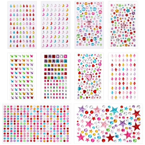 Motiback 10 Sheets Self Adhesive Rhinestone Stickers, Colorful Face Gems Jewels for Crafting, Nail Art