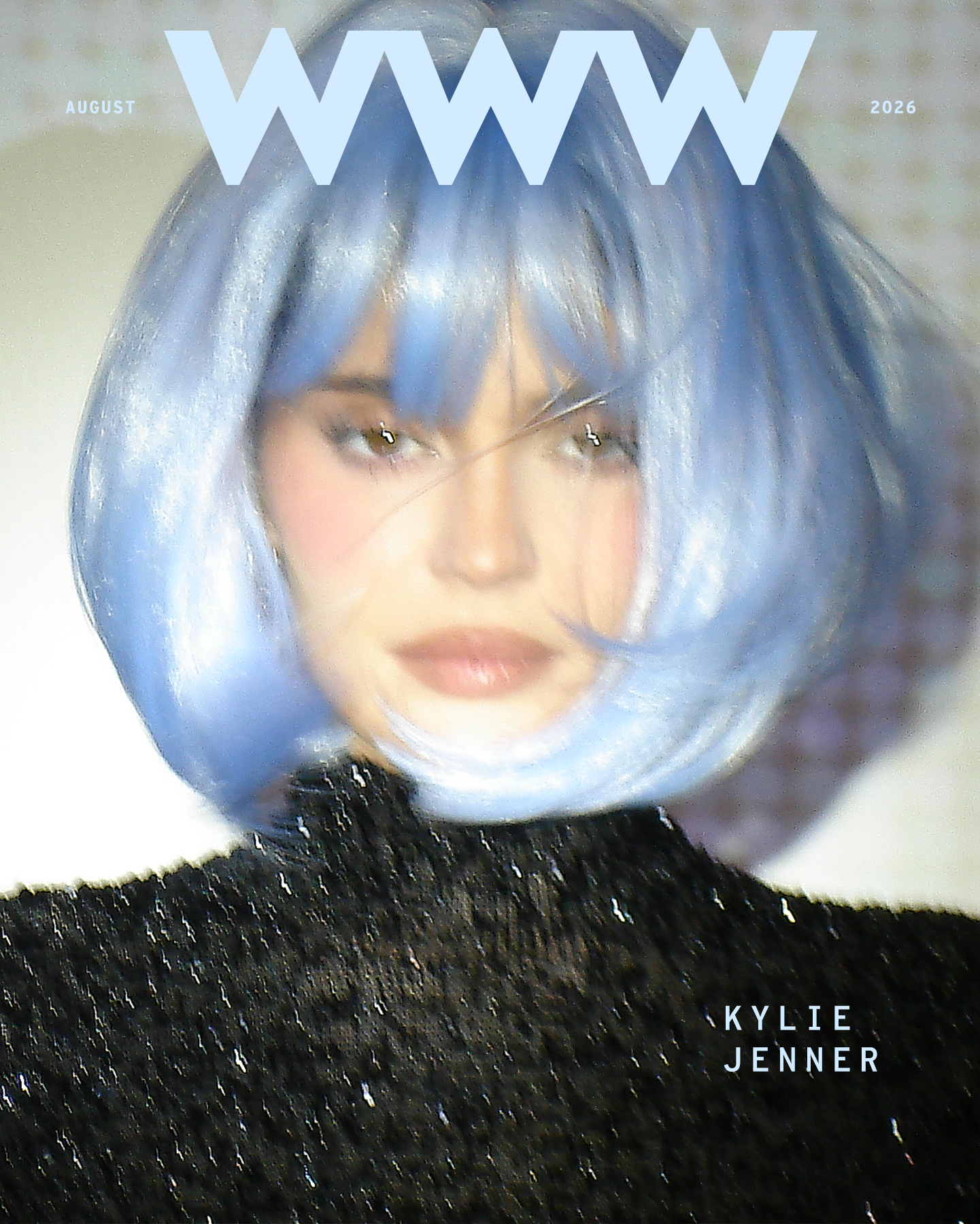 Kylie Jenner Who What Wear cover shot by Aidan Zamiri. She is wearing a shoulder-length blue wig with bangs and a black sparkly Gucci top.