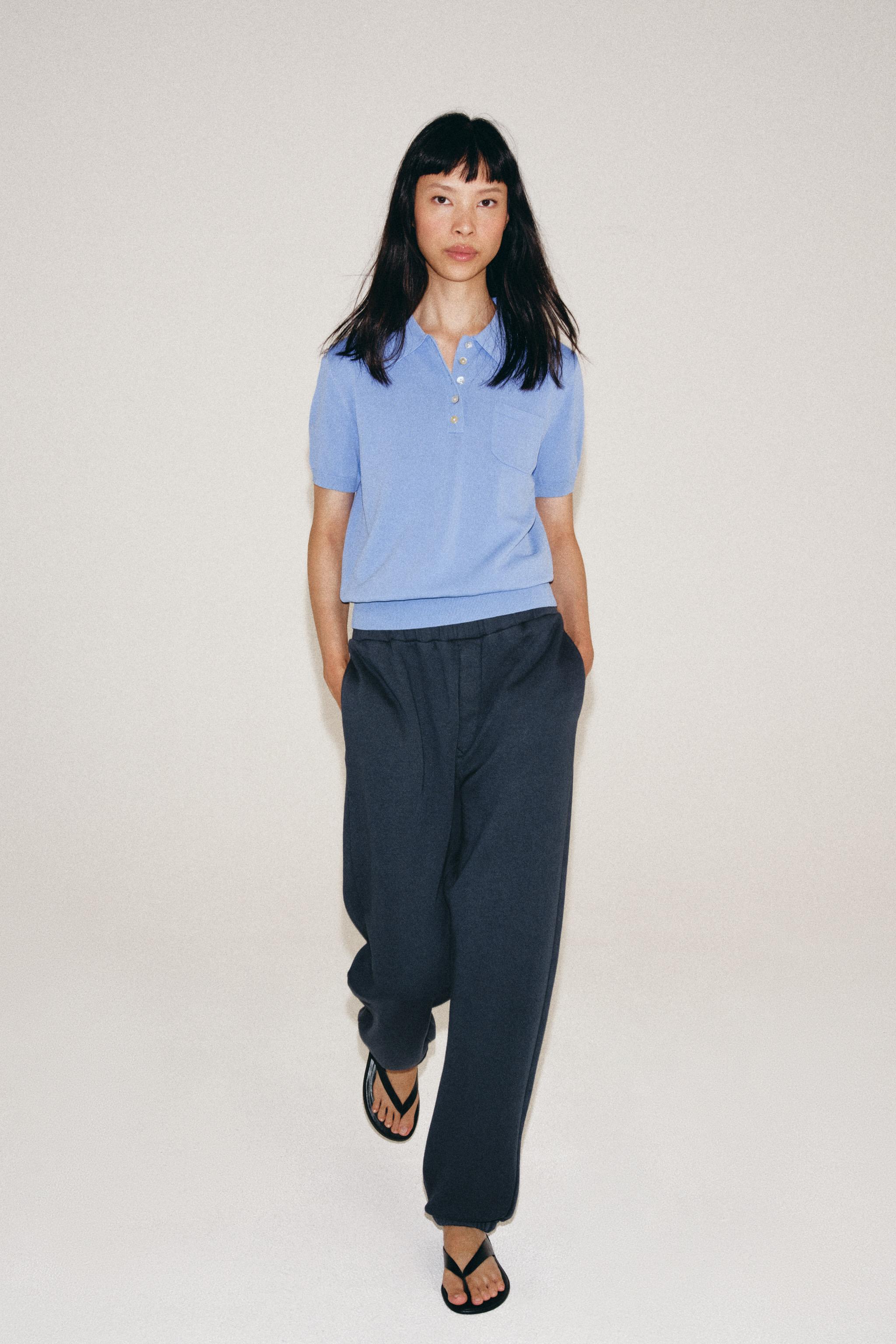 Short-Sleeve Knit Polo Shirt - Mid-Blue - S