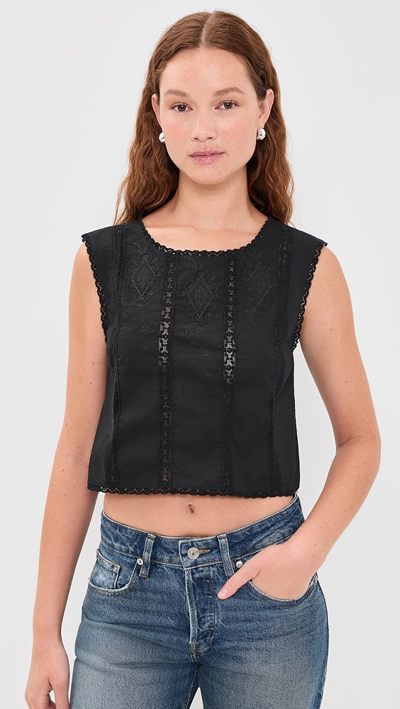 Embroidered Lace-Insert Top - Jet Black