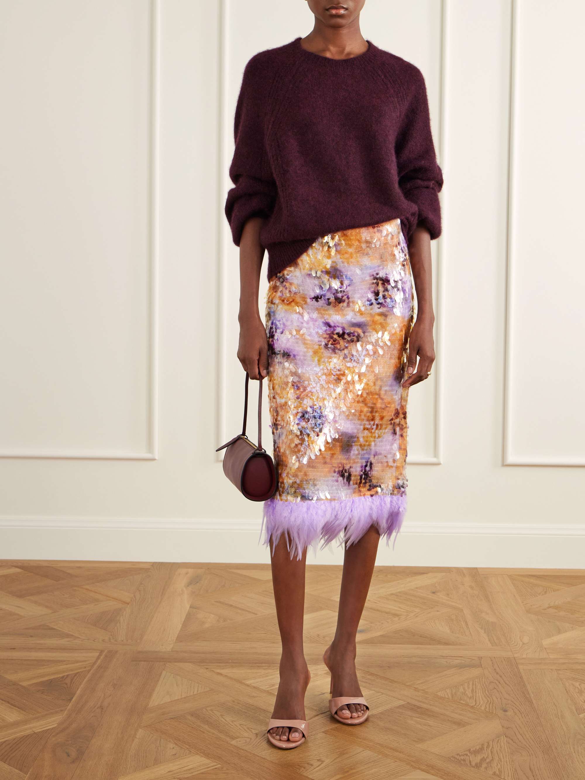 Lark Sequin-Embellished Feather-Trimmed Mesh Midi Skirt