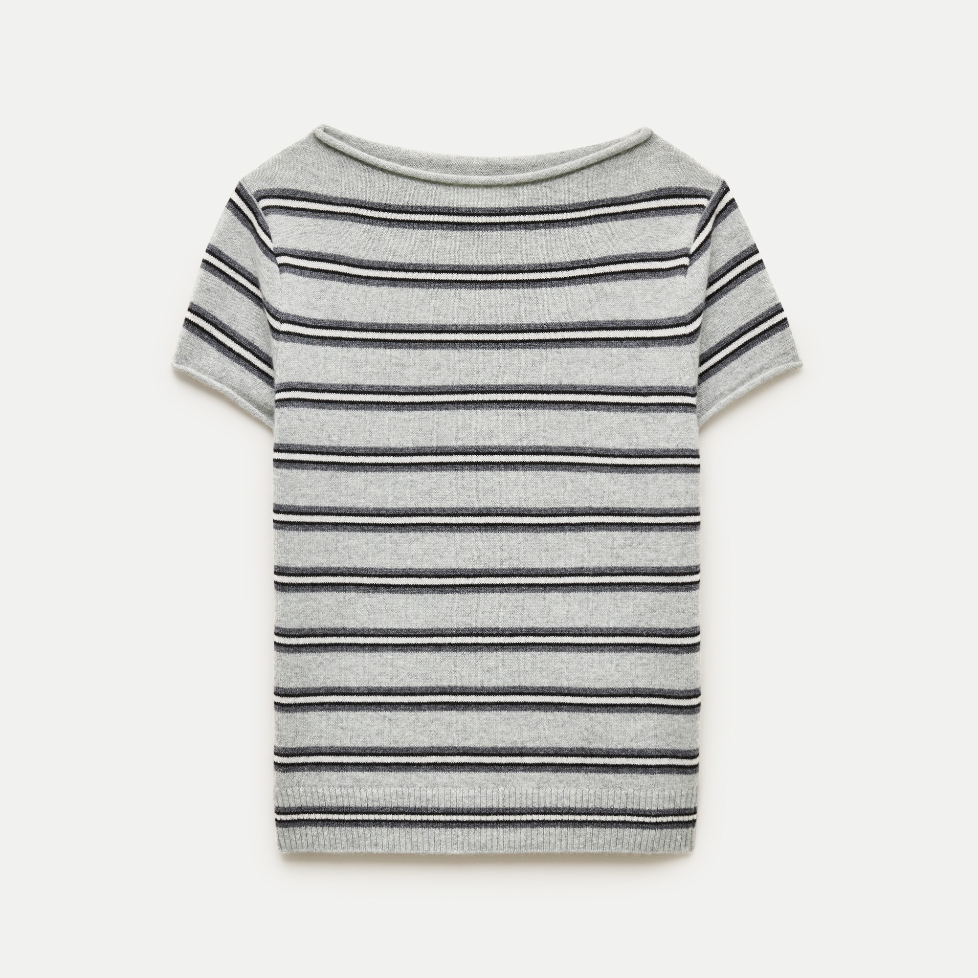 Rolled Cashmere Boatneck Sweater-Tee in Stripe