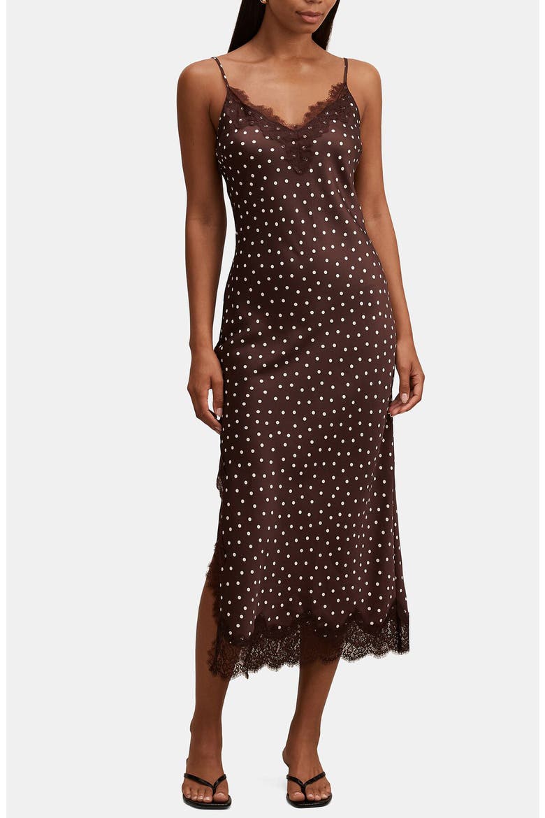 Jess Polka Dot Lace Trim Satin Midi Slipdress