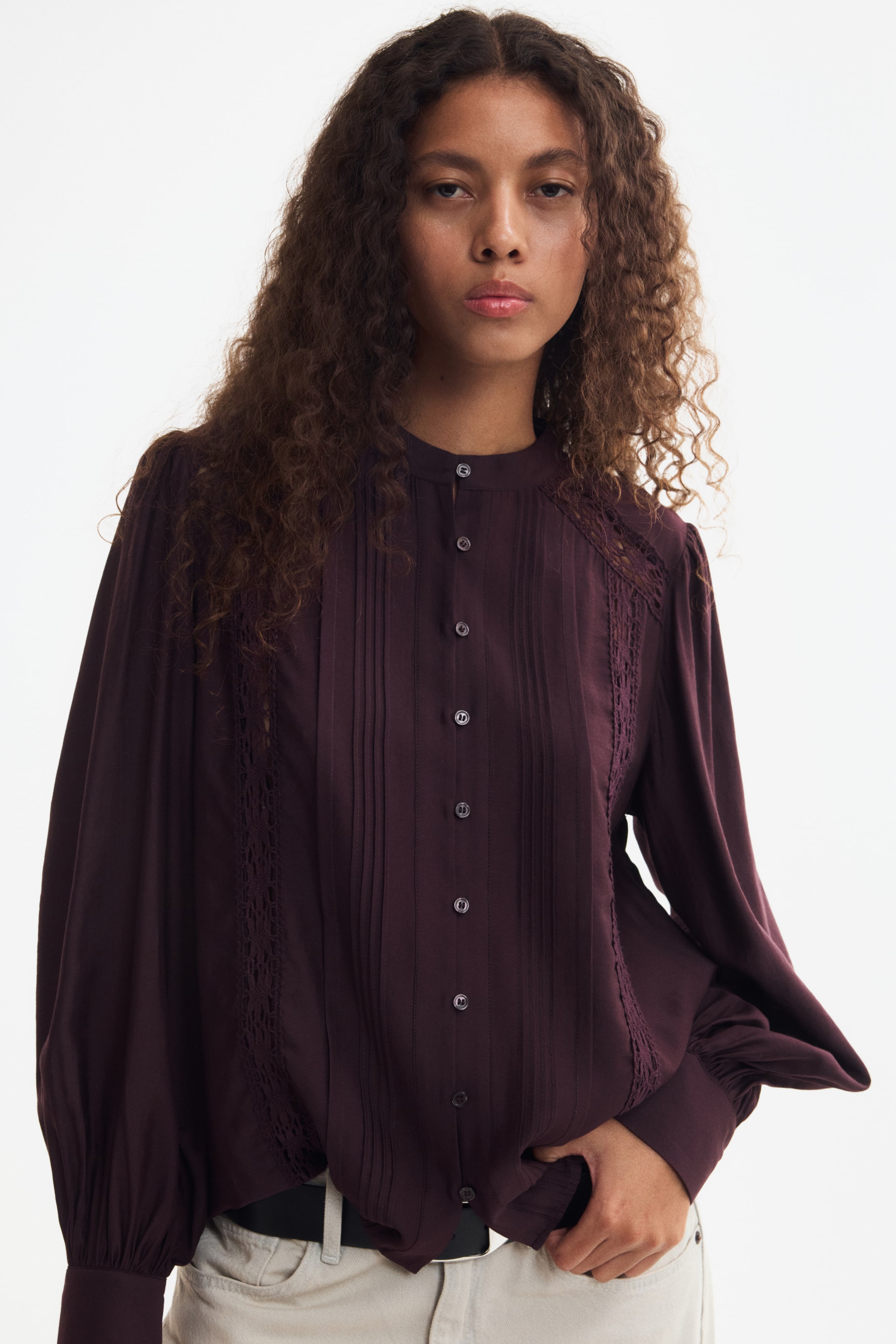 Lace-Inset Puff-Sleeved Blouse