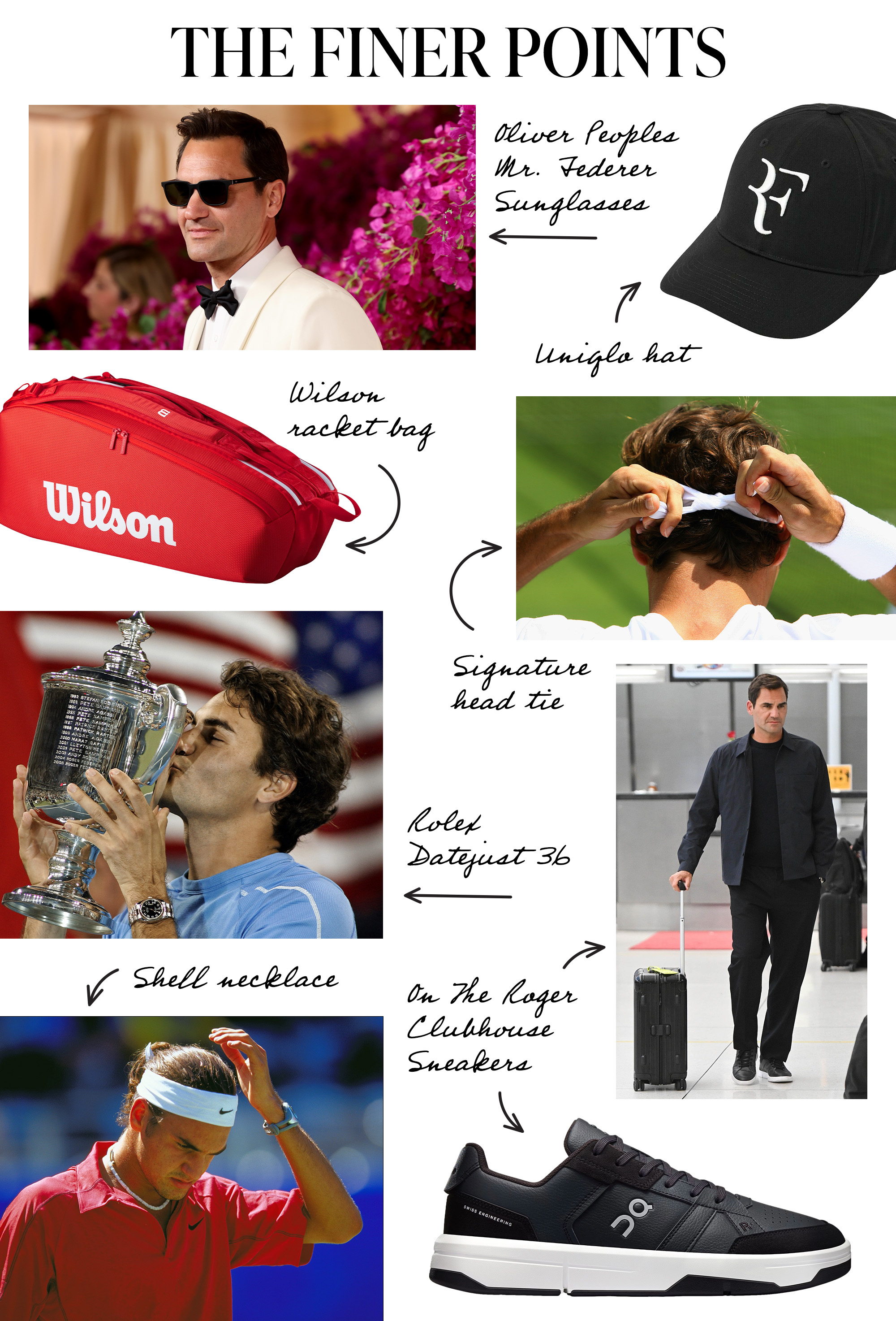 A collage of Roger Federer outfits.