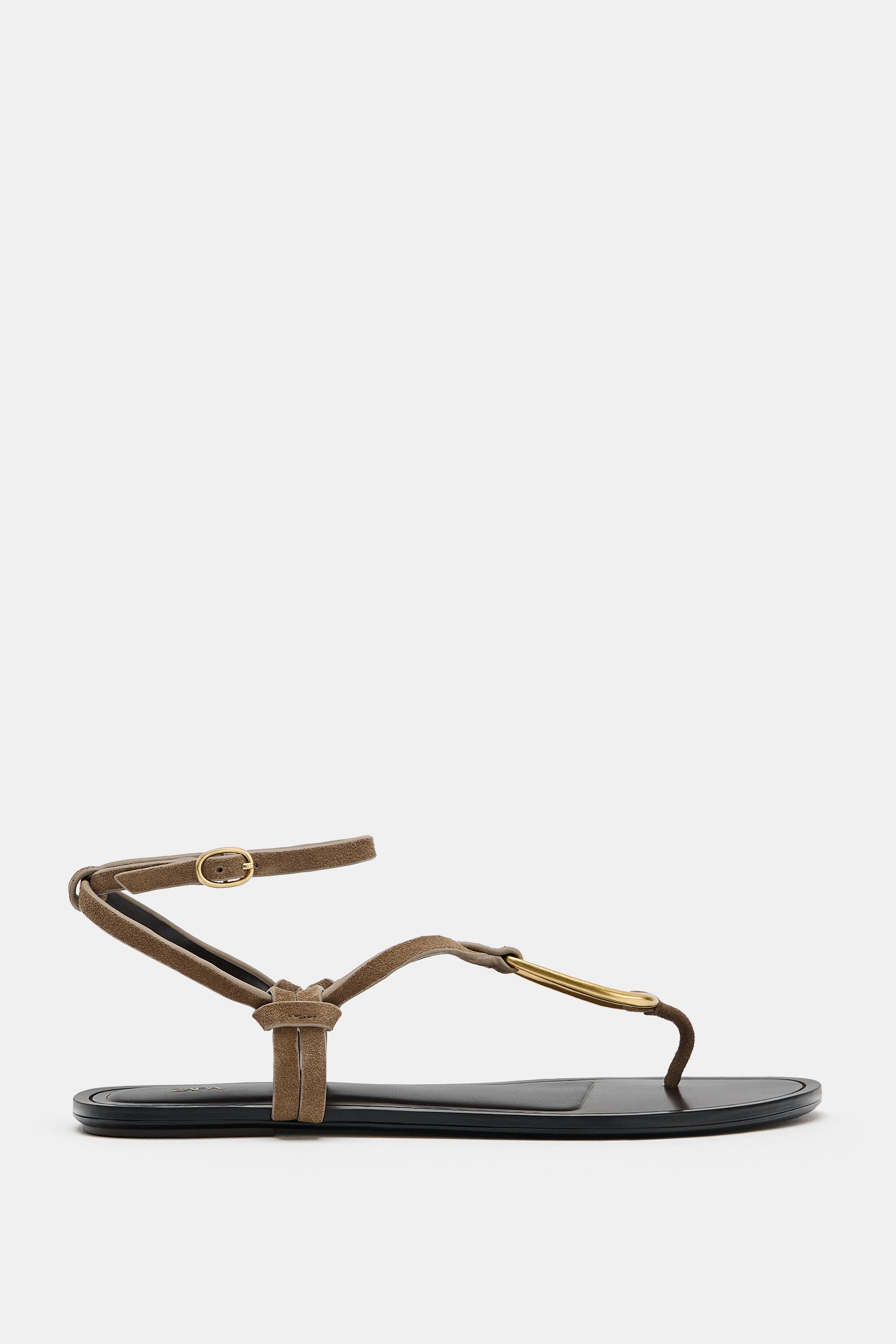 Leather Sandals With Metal Detail - Beige - 2
