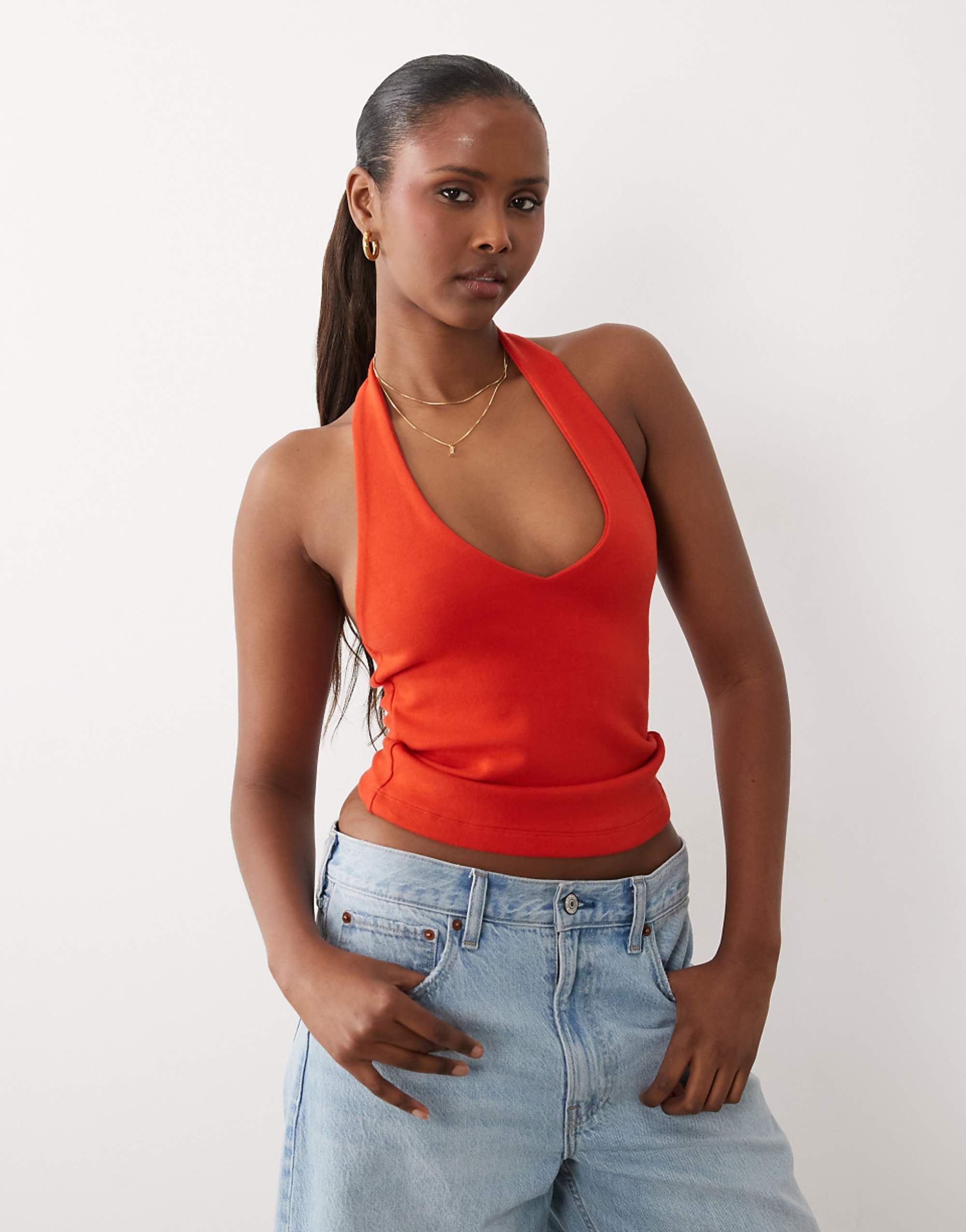 Asos Design Compact Cotton V Neck Halter Top in Red