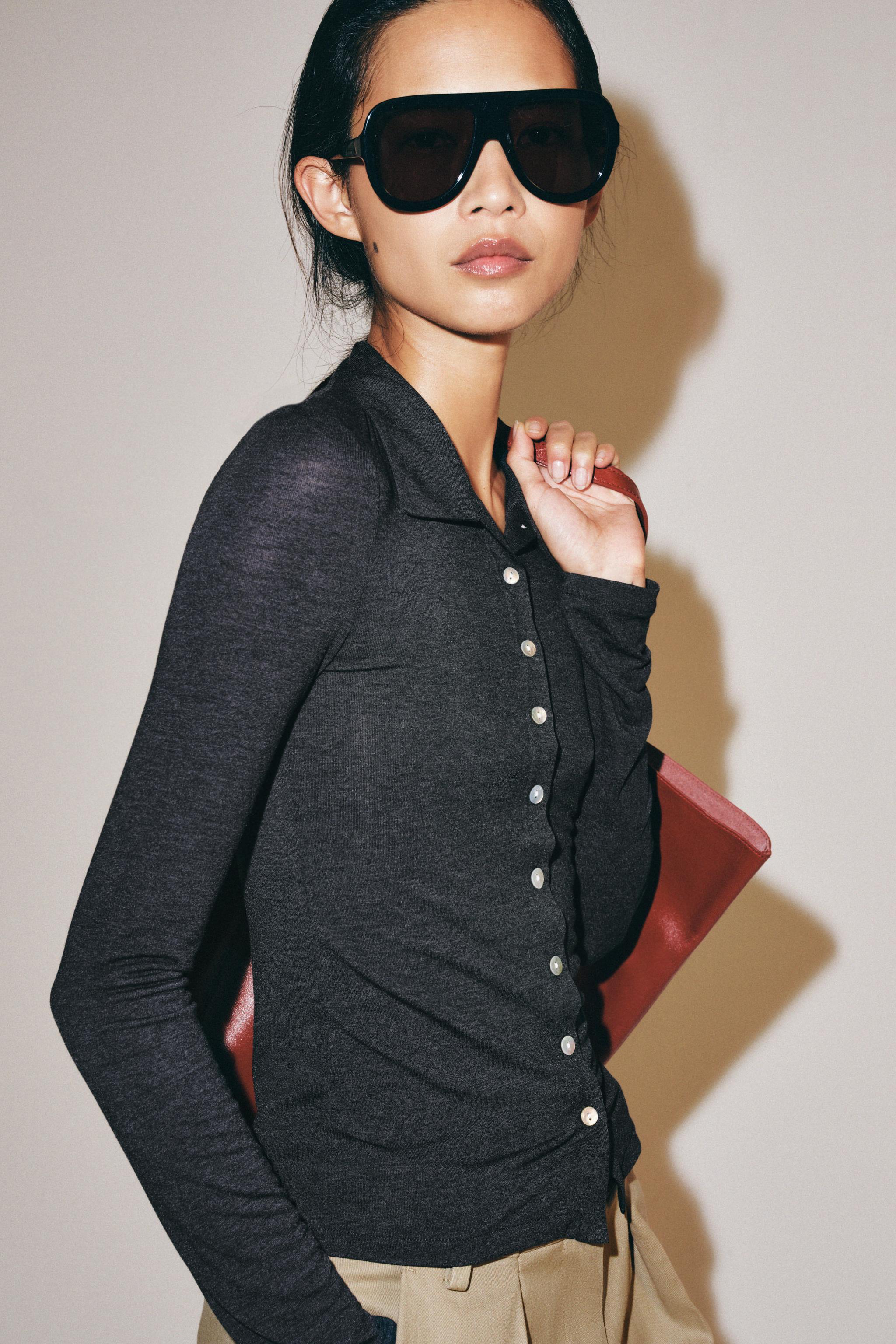 Button-Up Top - Gray Marl - S
