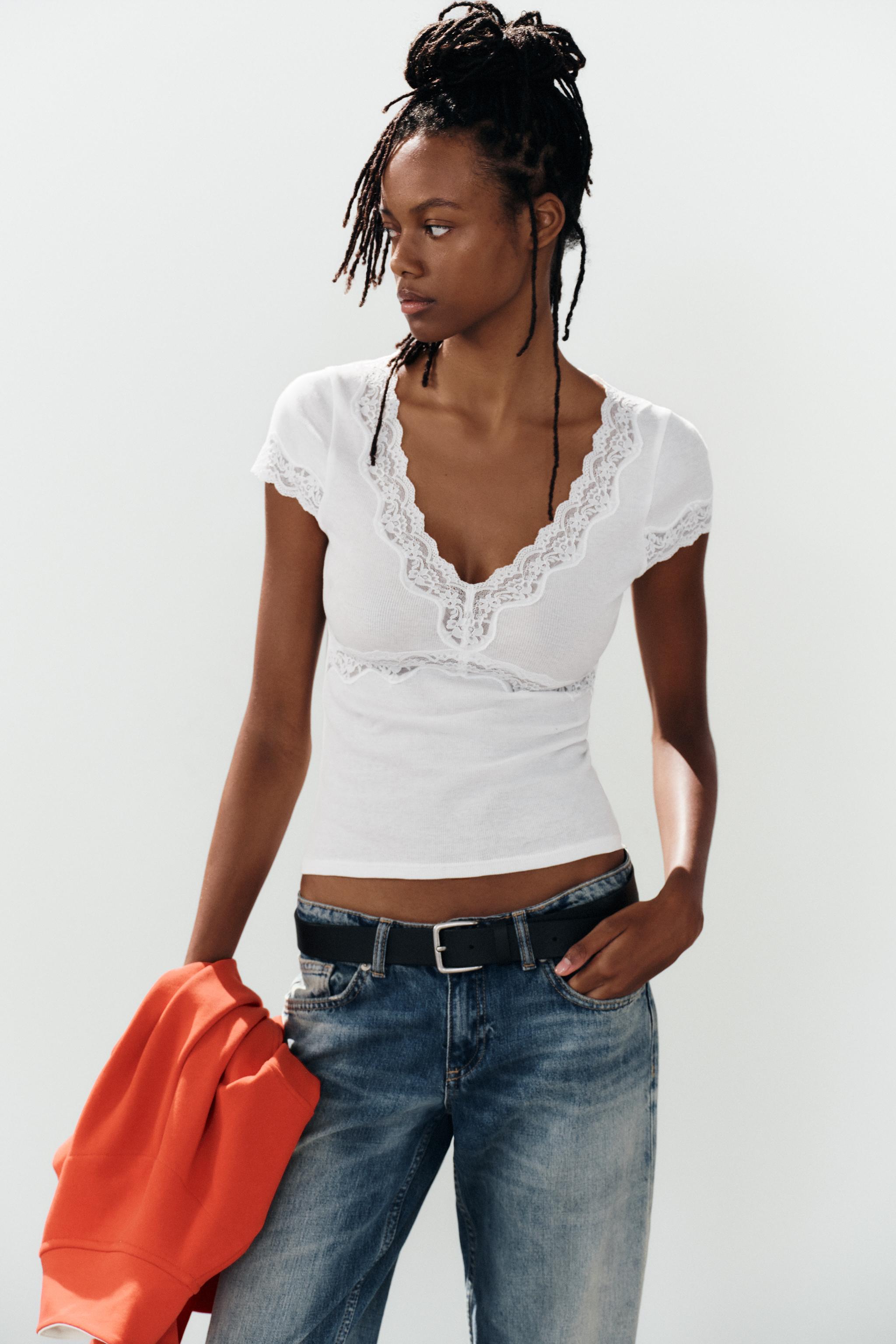 Lace Trim Top - White - S
