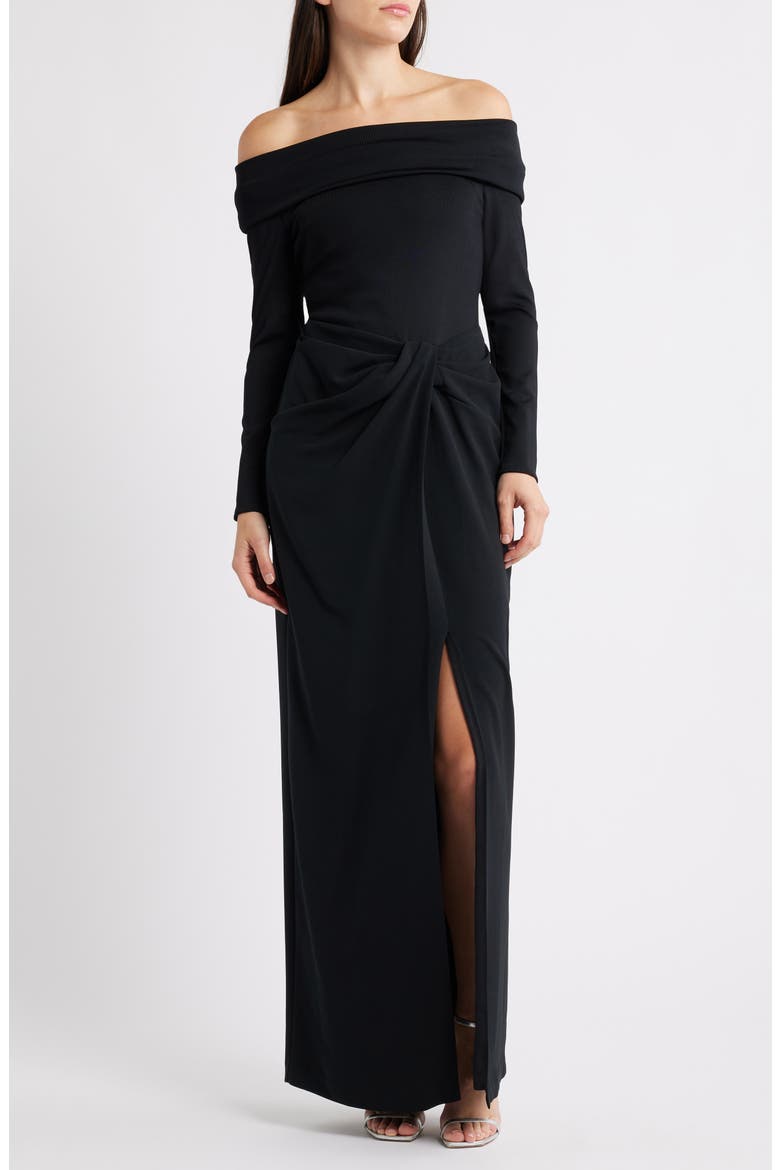 Off the Shoulder Long Sleeve Rib & Crepe Gown