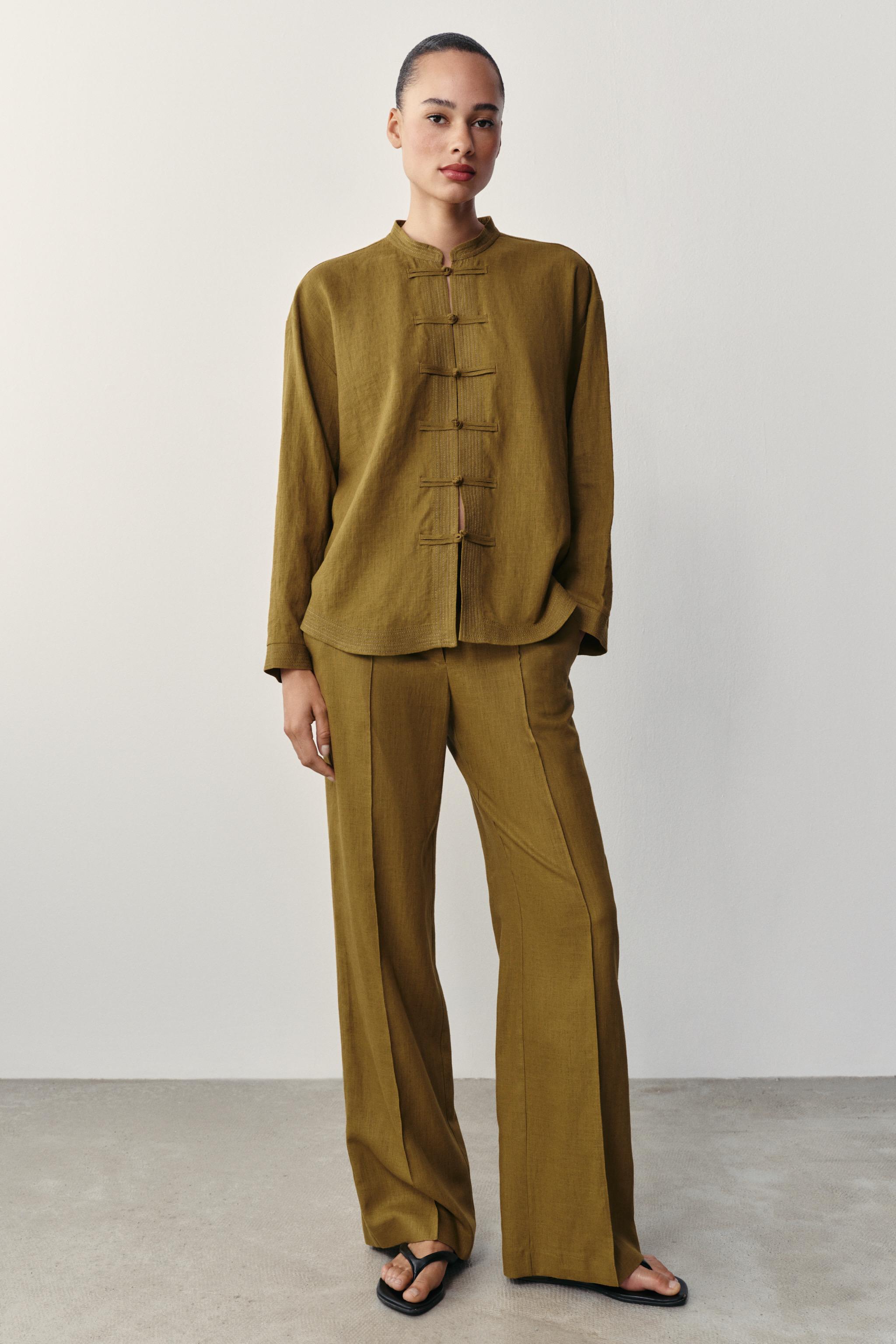 Linen Shirt With Frog Fastening - Oil - Xs