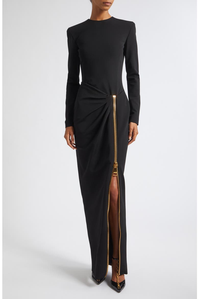Long Sleeve Draped Zip Compact Jersey Maxi Dress