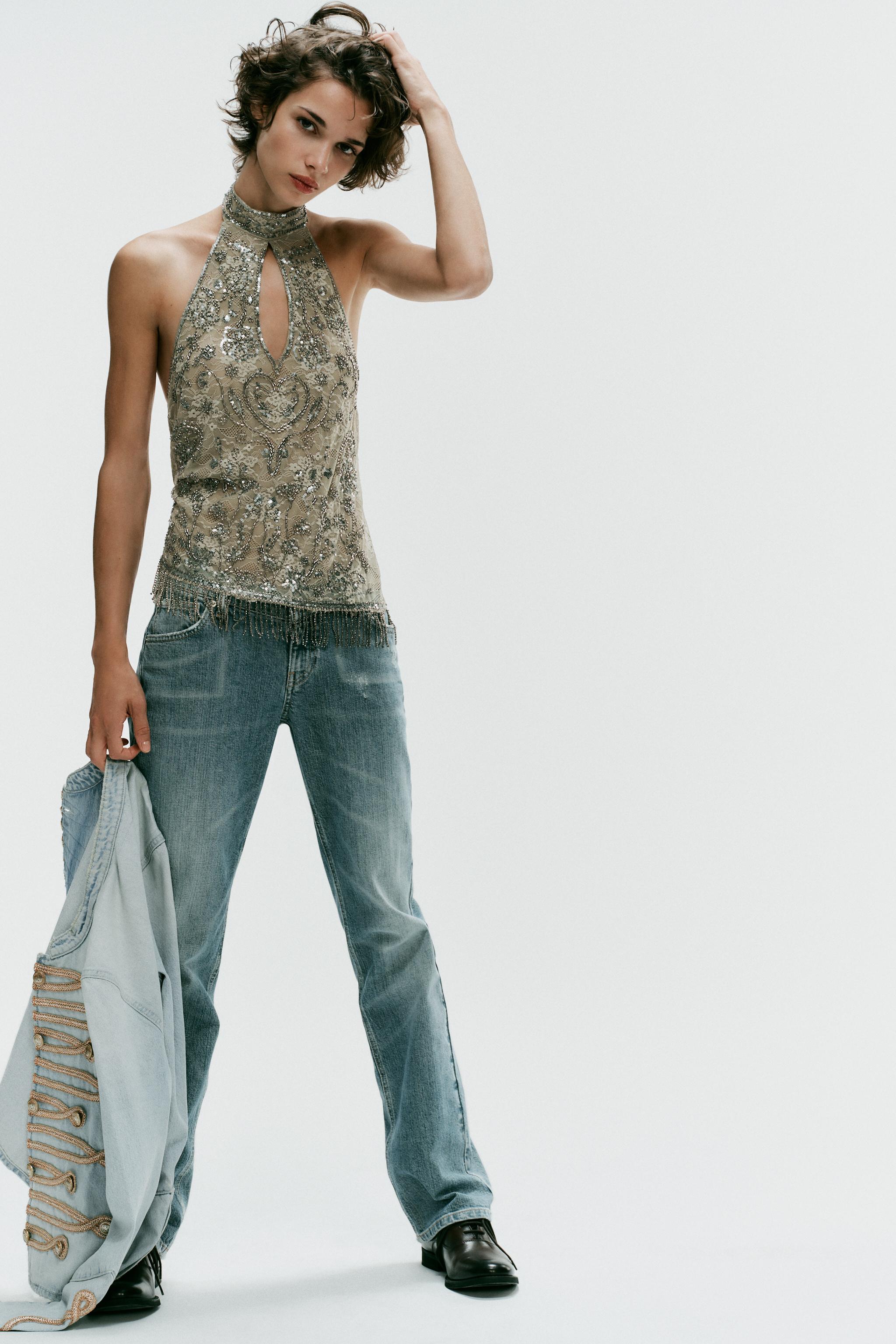 Beaded Halter Top - Dark Khaki - S