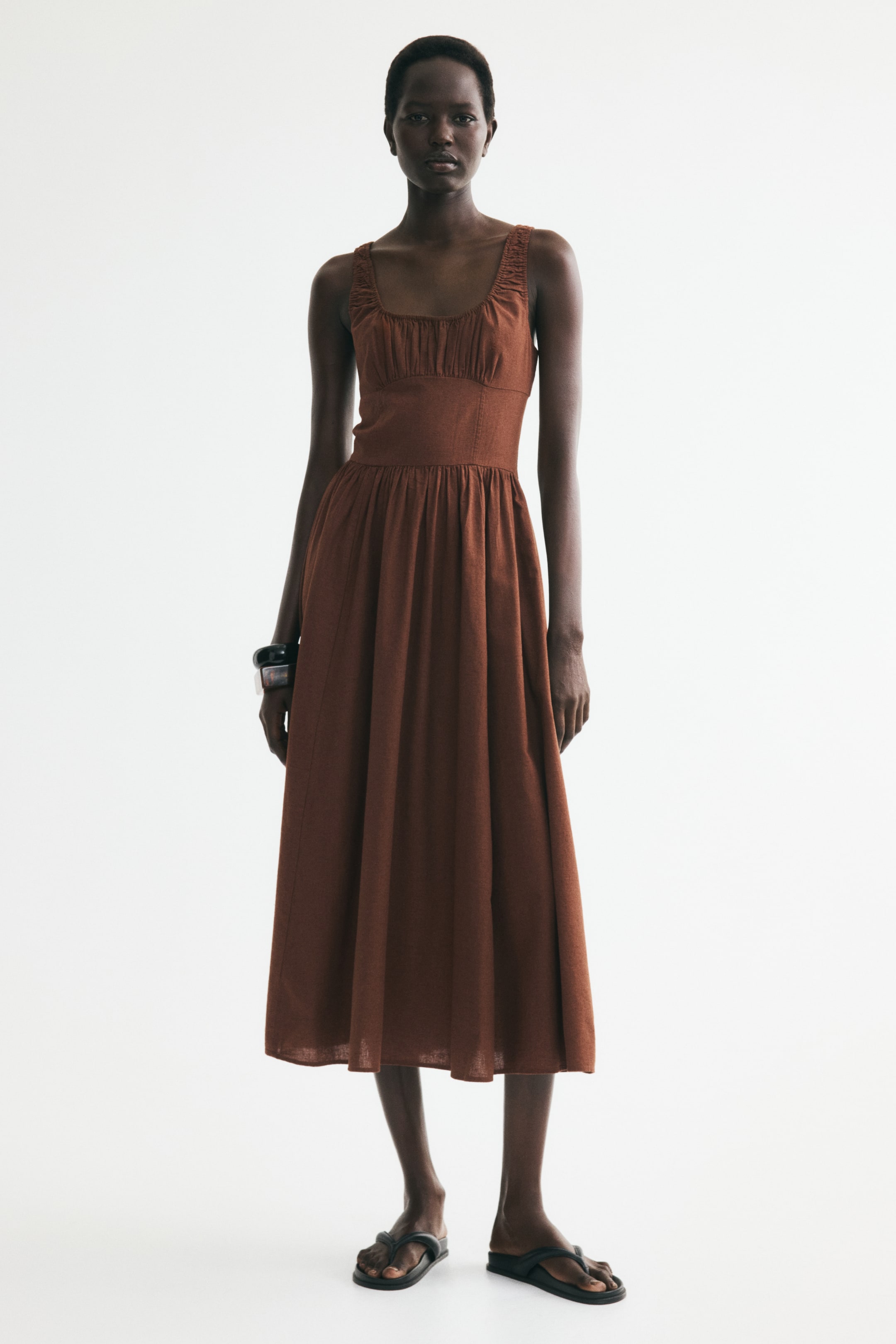 Ruched Linen-Blend Dress