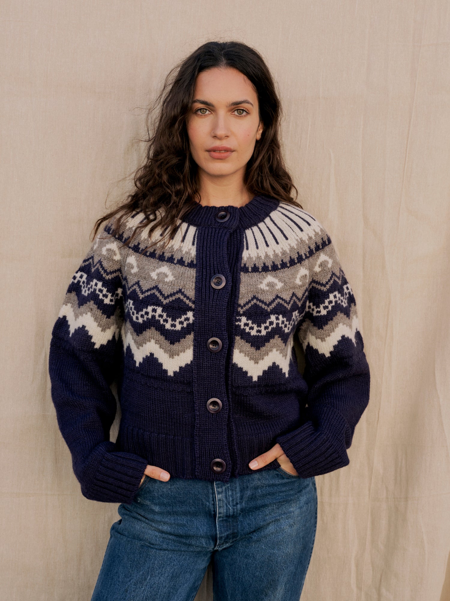 Fleetwood Cardigan in Damson With Mist & Ecru