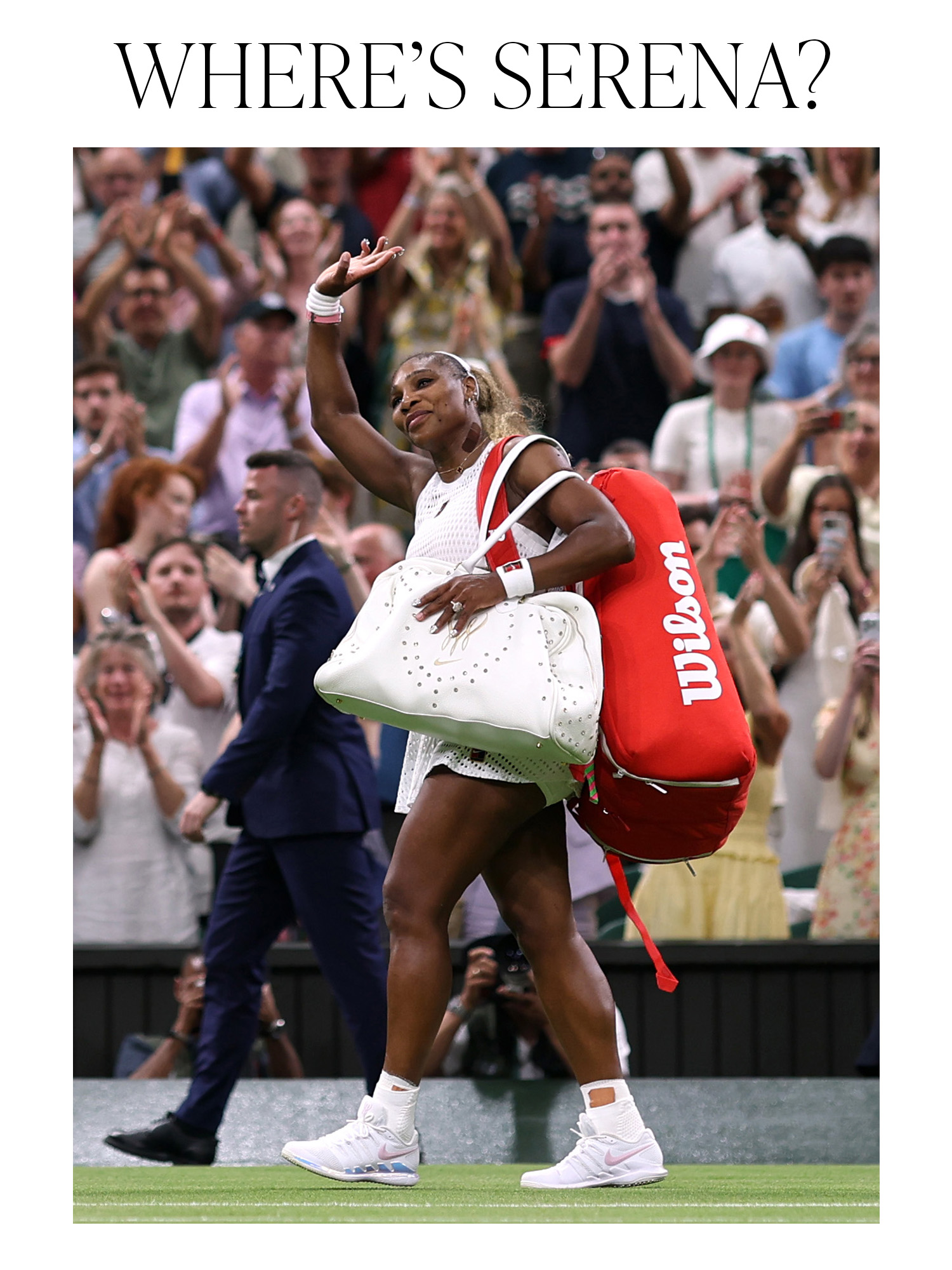 Serena Williams acknowledges the crowd as she leaves the court following defeat to Maya Joint during their Ladies' Singles first round match at Wimbledon 2026 on June 30, 2026 in London.