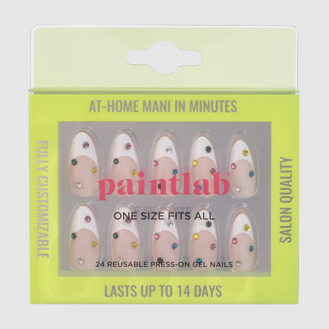 PaintLab, Paintlab Medium Almond Press on Nails 3d, Bejeweled, White French Tip, 30 Count