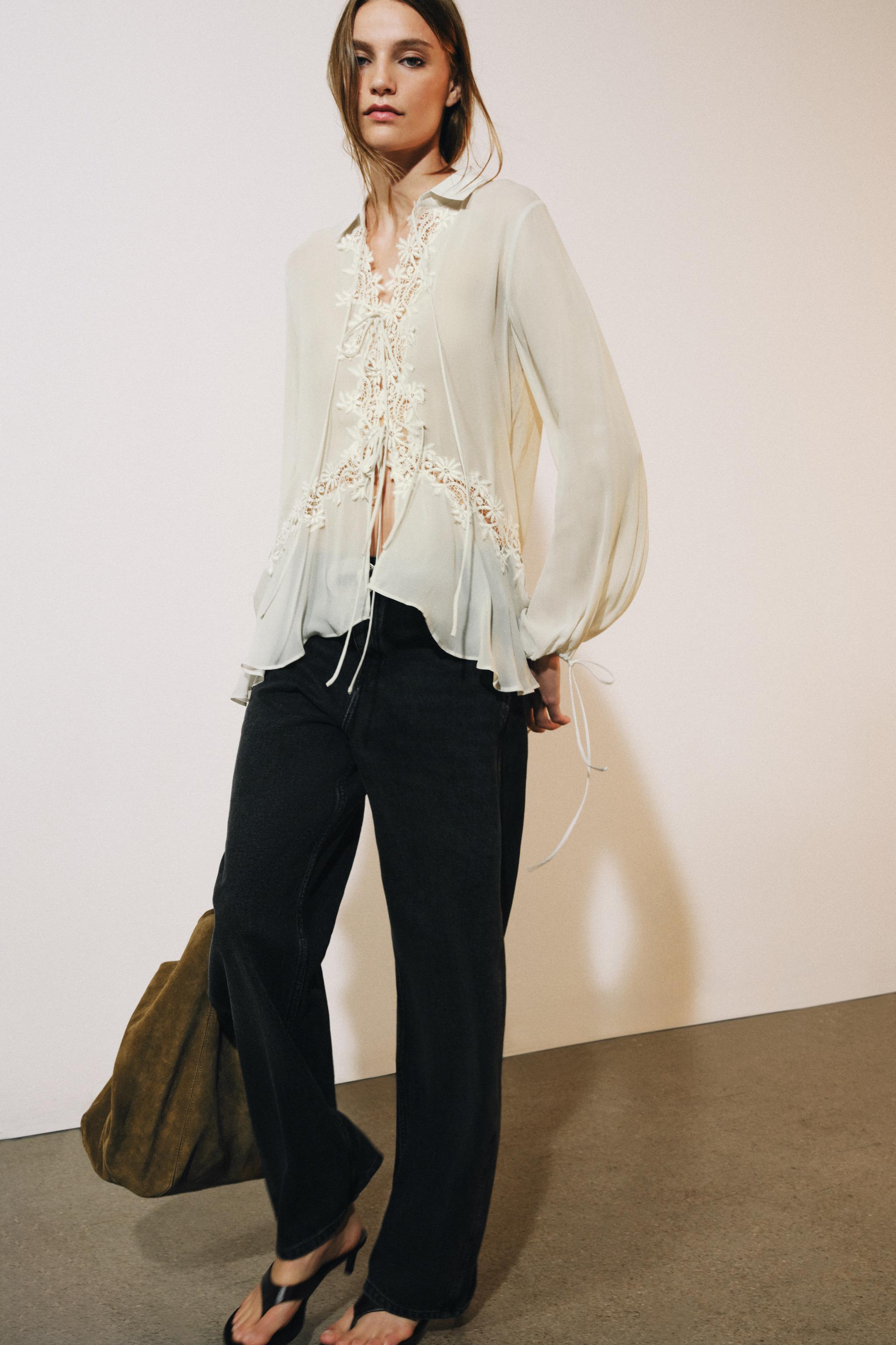 Zw Collection Embroidered Lace Blouse - Blue Grey - Xs