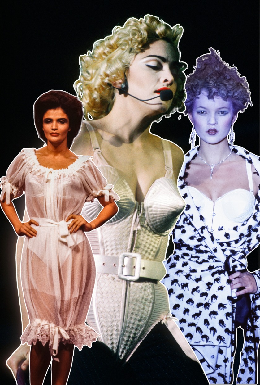 Image of Madonna in Jean Paul Gaultier Cone Bra during her blond ambition tour and Vivienne Westwood's spring summer 1996 and autumn winter 1997 runway show.
