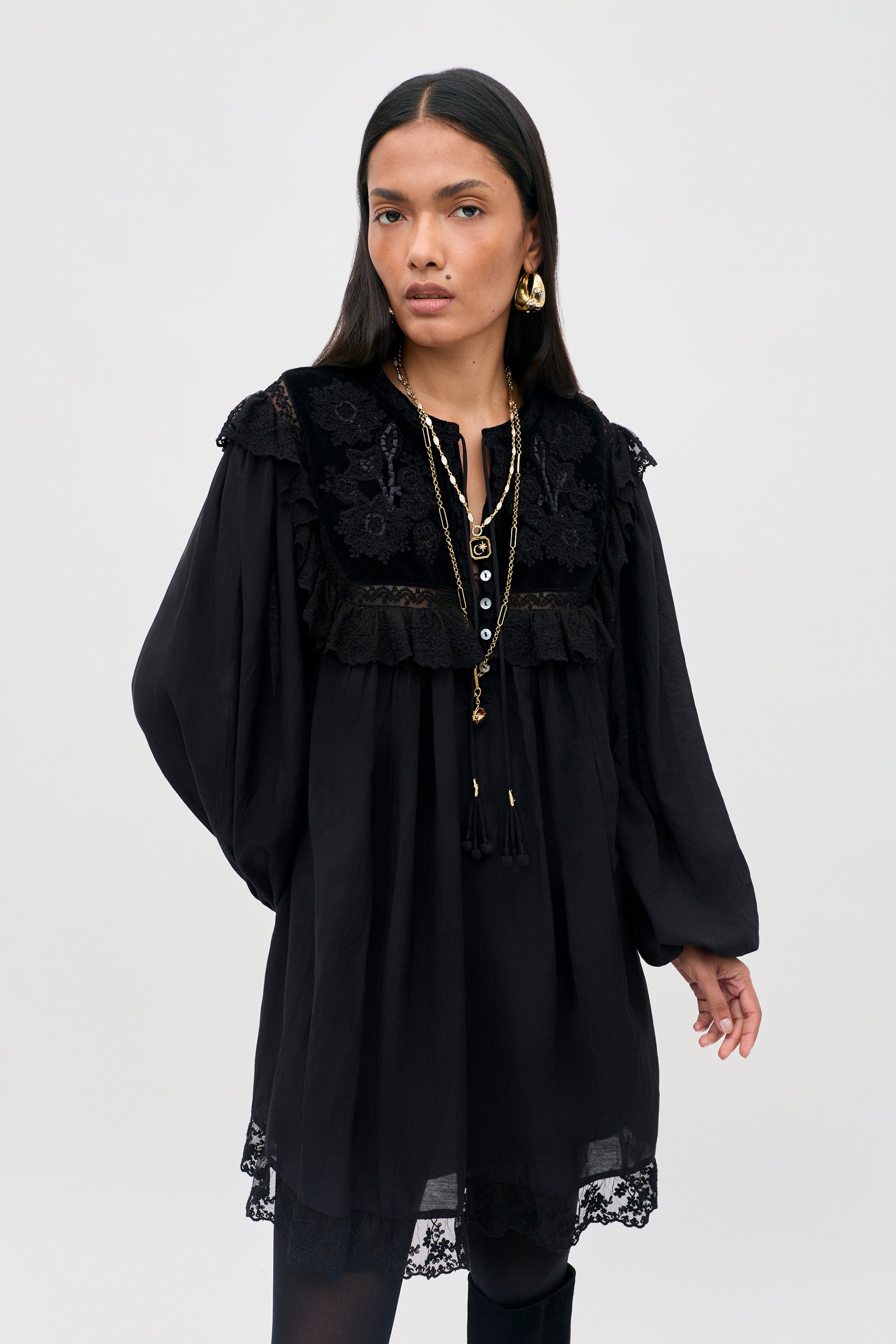 Inez Velvet Embroidered Mini Dress in Lilly Embroidery Black
