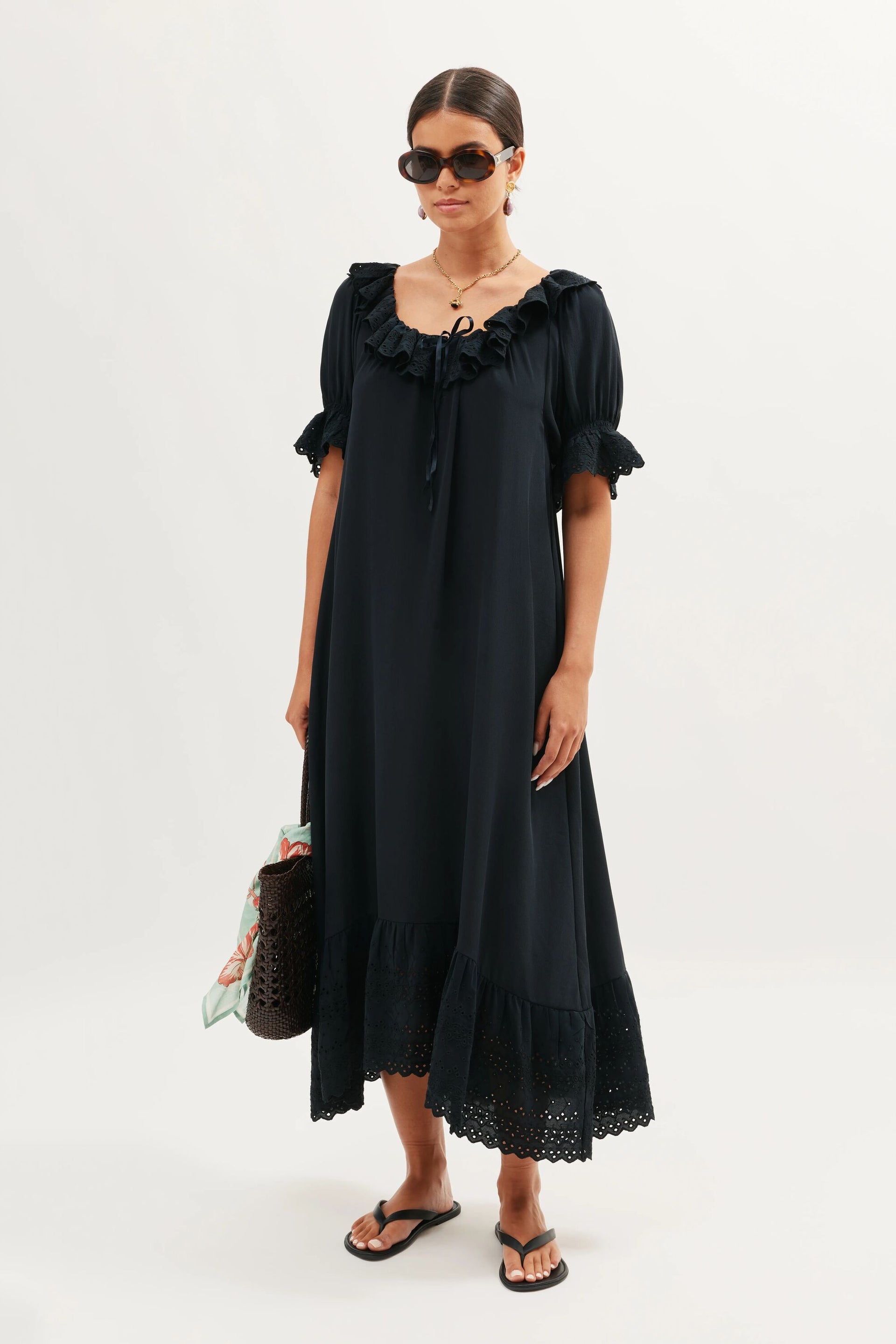Aprilia Silk Midi Dress in Gracie Embroidery Black