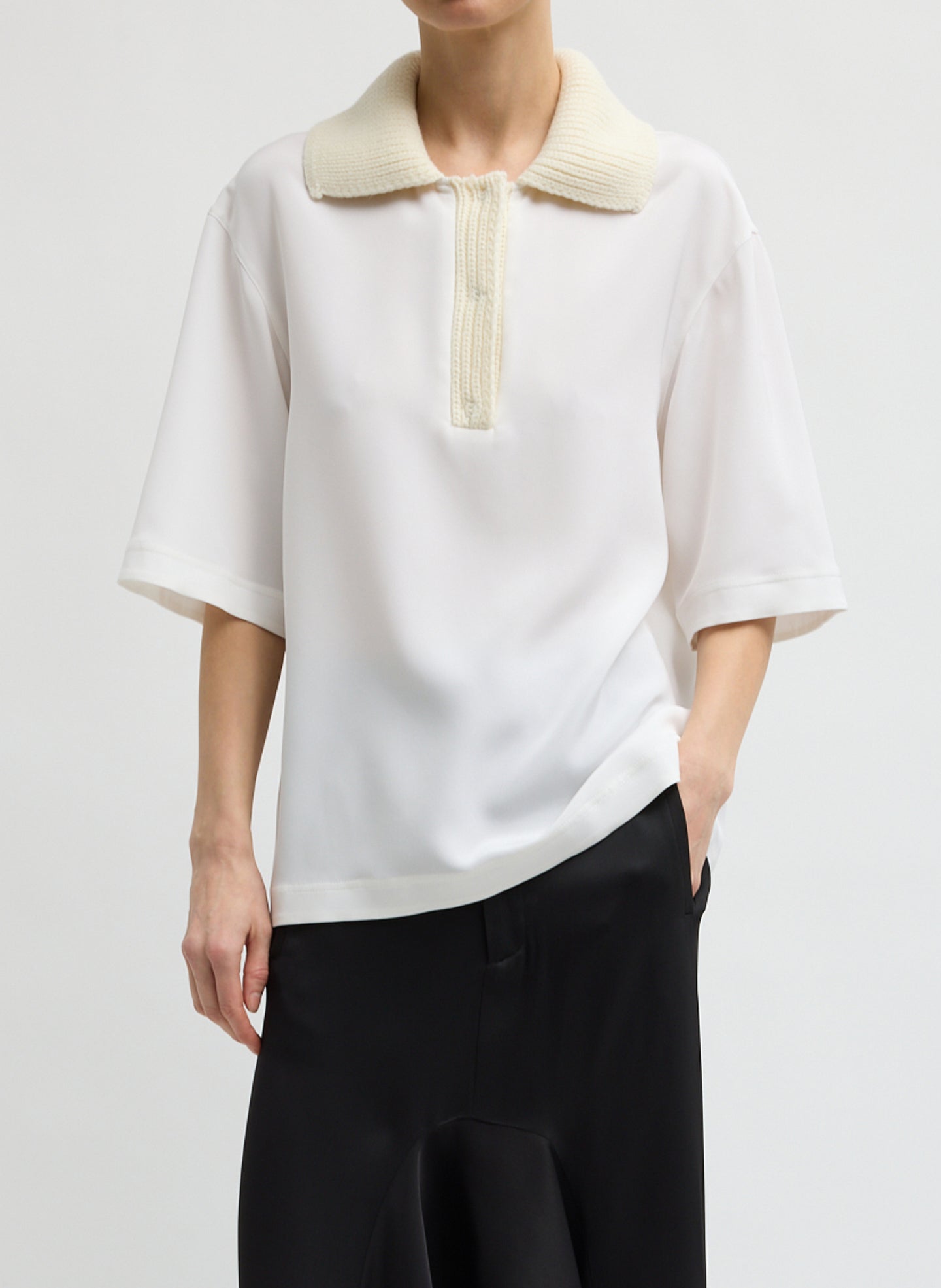 Stretch Silk Nylon Knit Collar Cocoon Top - Ivory / Xxs / F226sn7040
