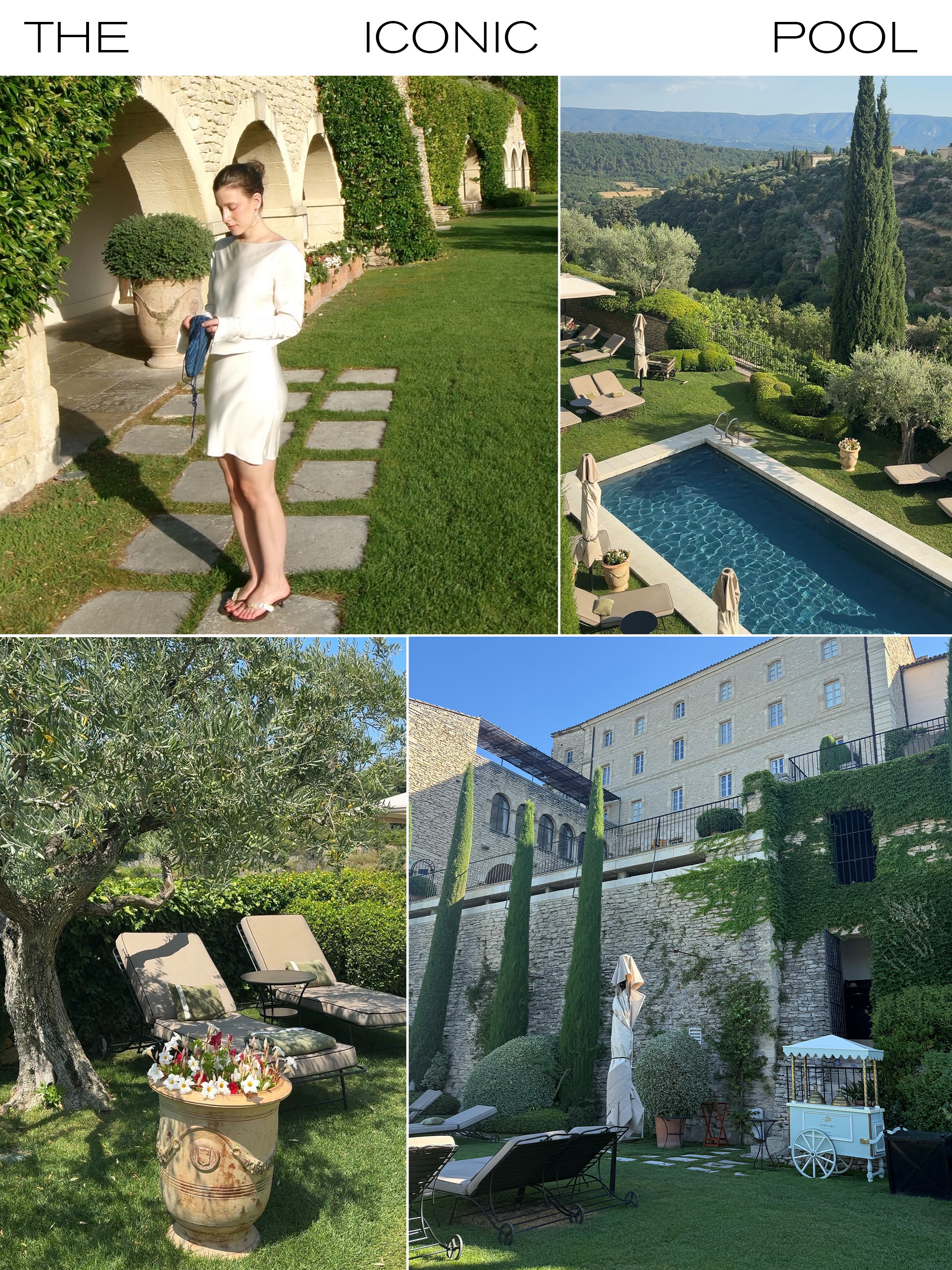 Collage from Jamie Chevron's stay at Airelles Gordes, La Bastide.