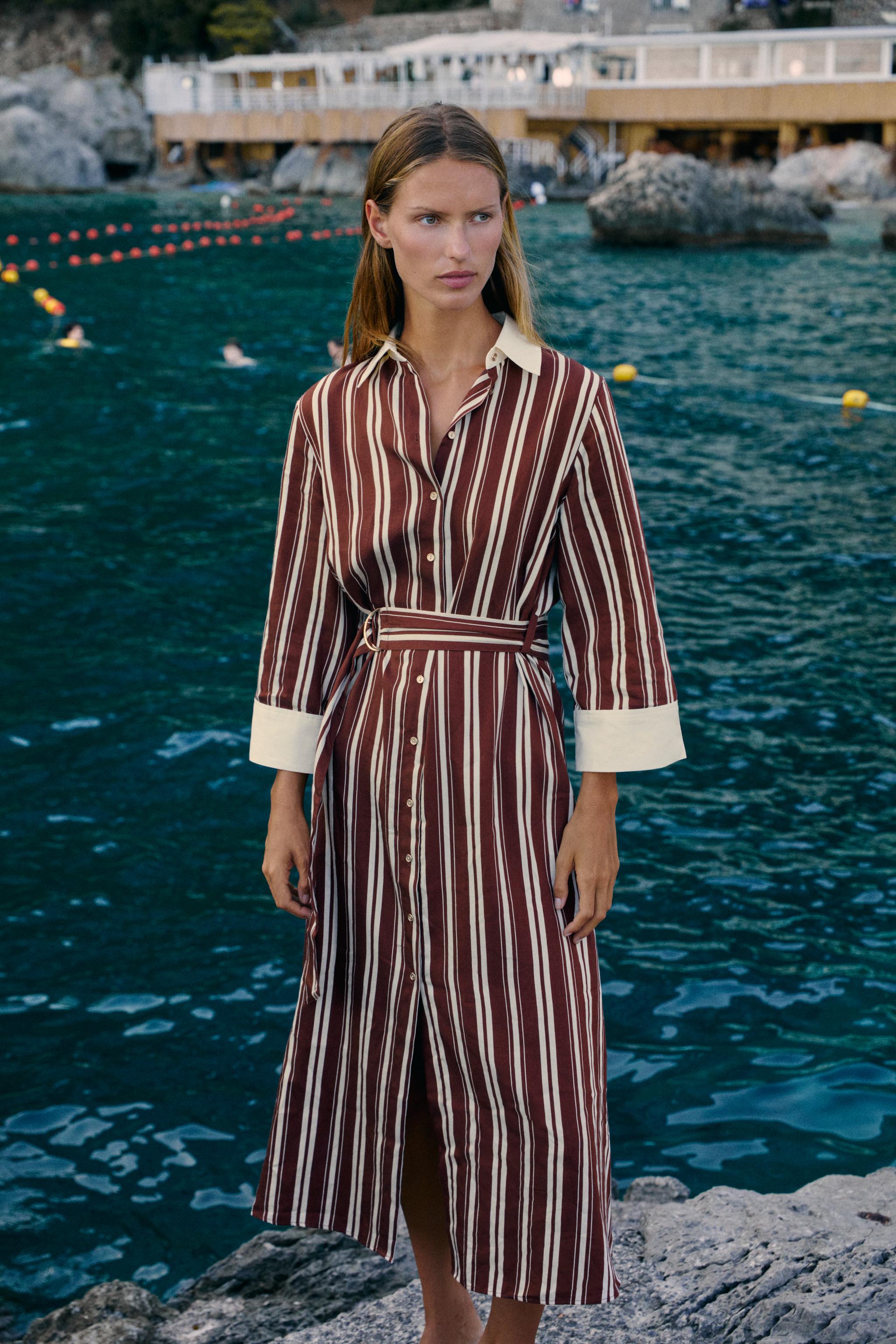 Striped Belted Midi Shirt Dress - Striped - Xs