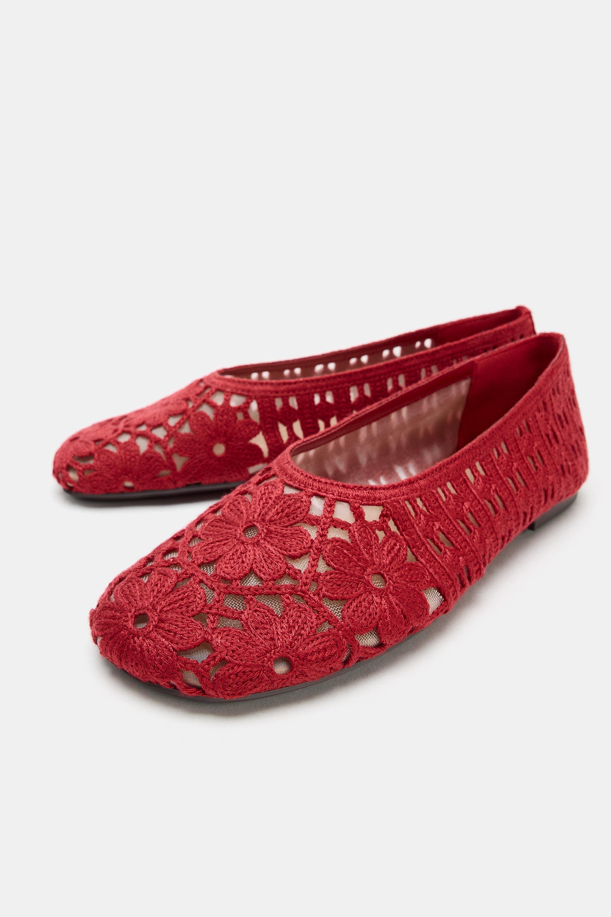 Floral Crochet Ballet Flats - Red - 5