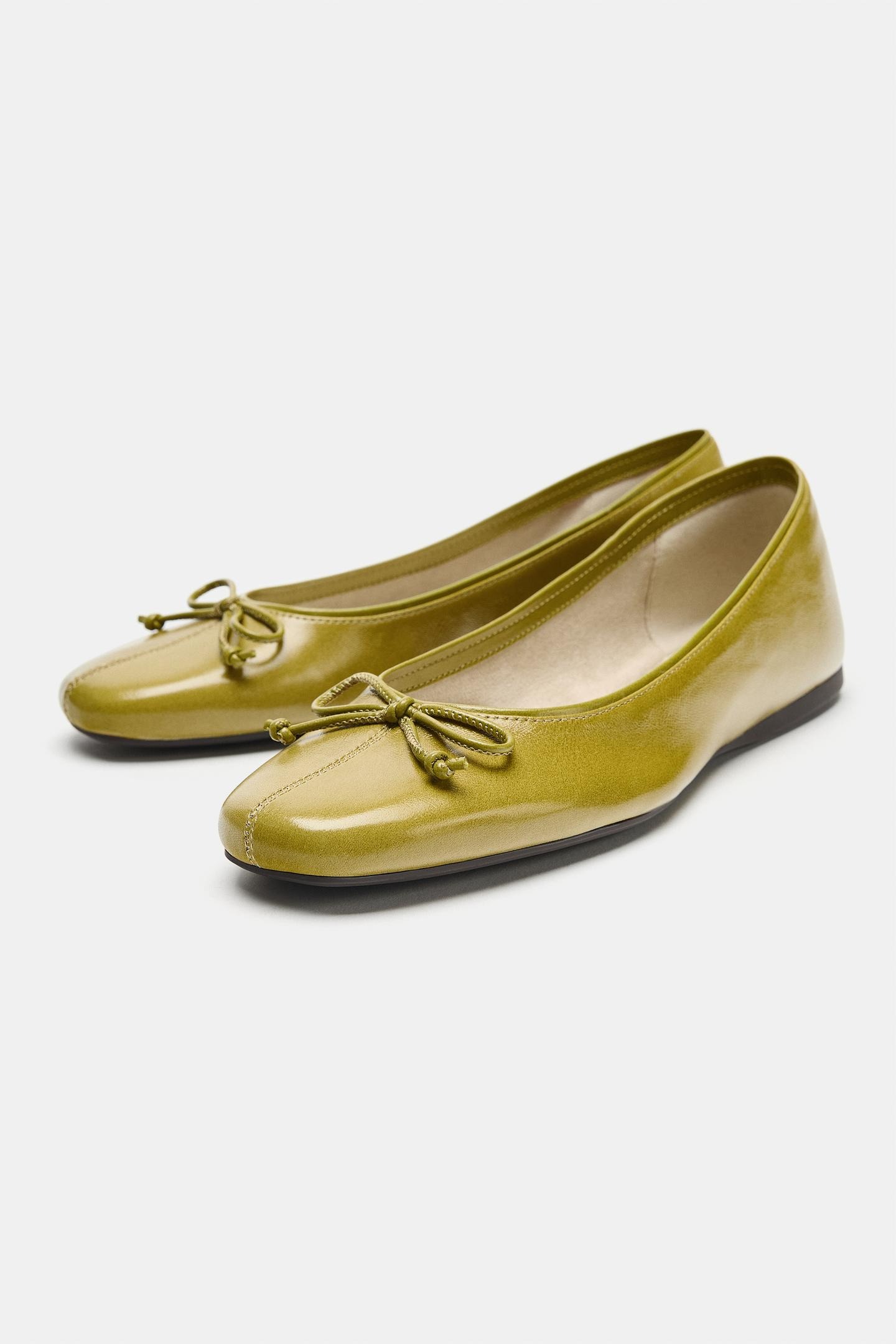 Zara, Leather Bow Ballet Flats in Pistachio Green