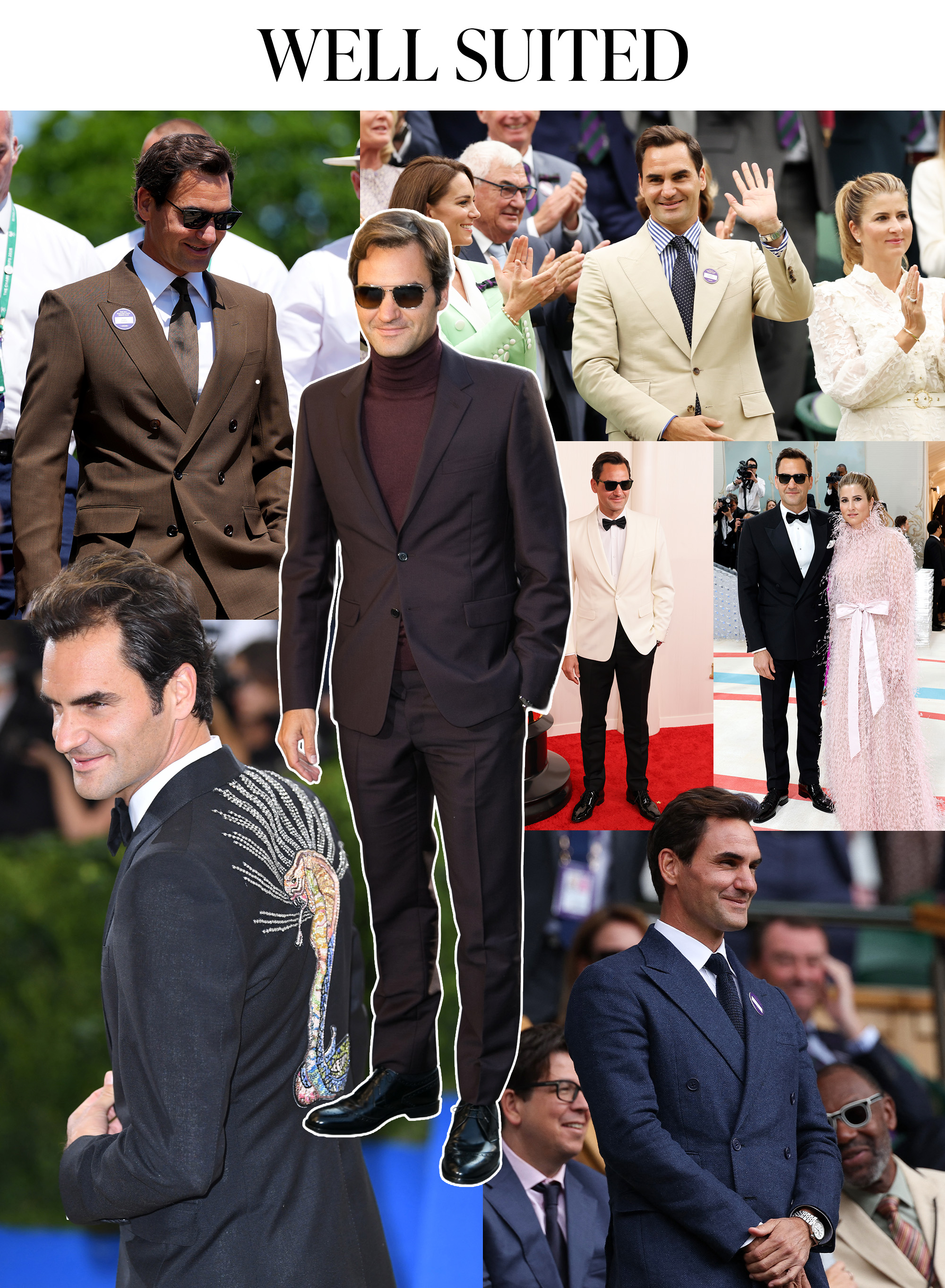 A collage of Roger Federer outfits.