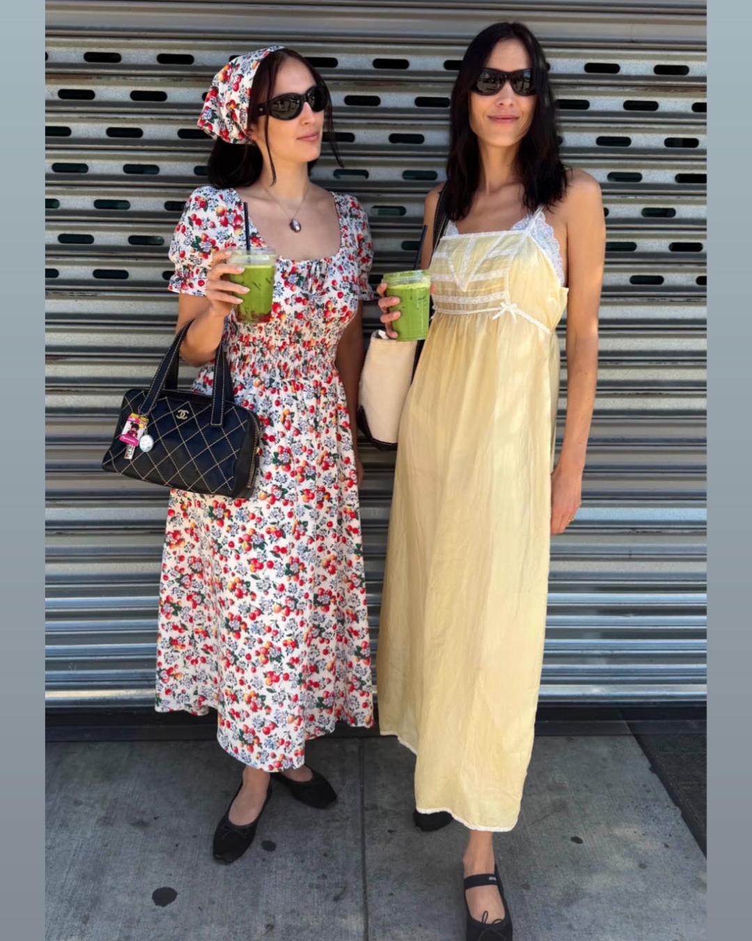Alexa Chung wears soft ballet flats with jeans and a tee and a butter yellow maxi dress.
