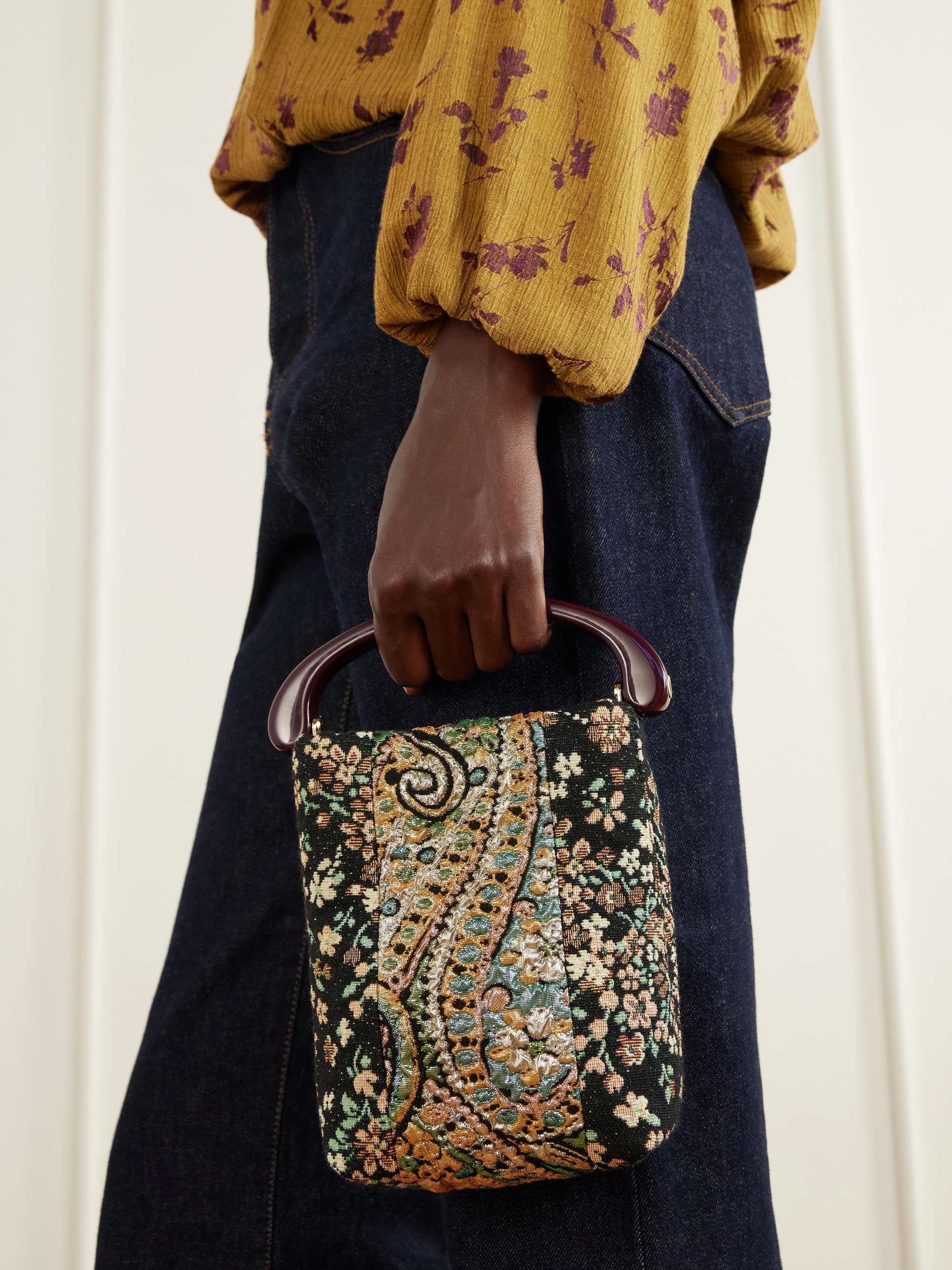Leather-Trimmed Metallic Floral-Jacquard Mini Bag