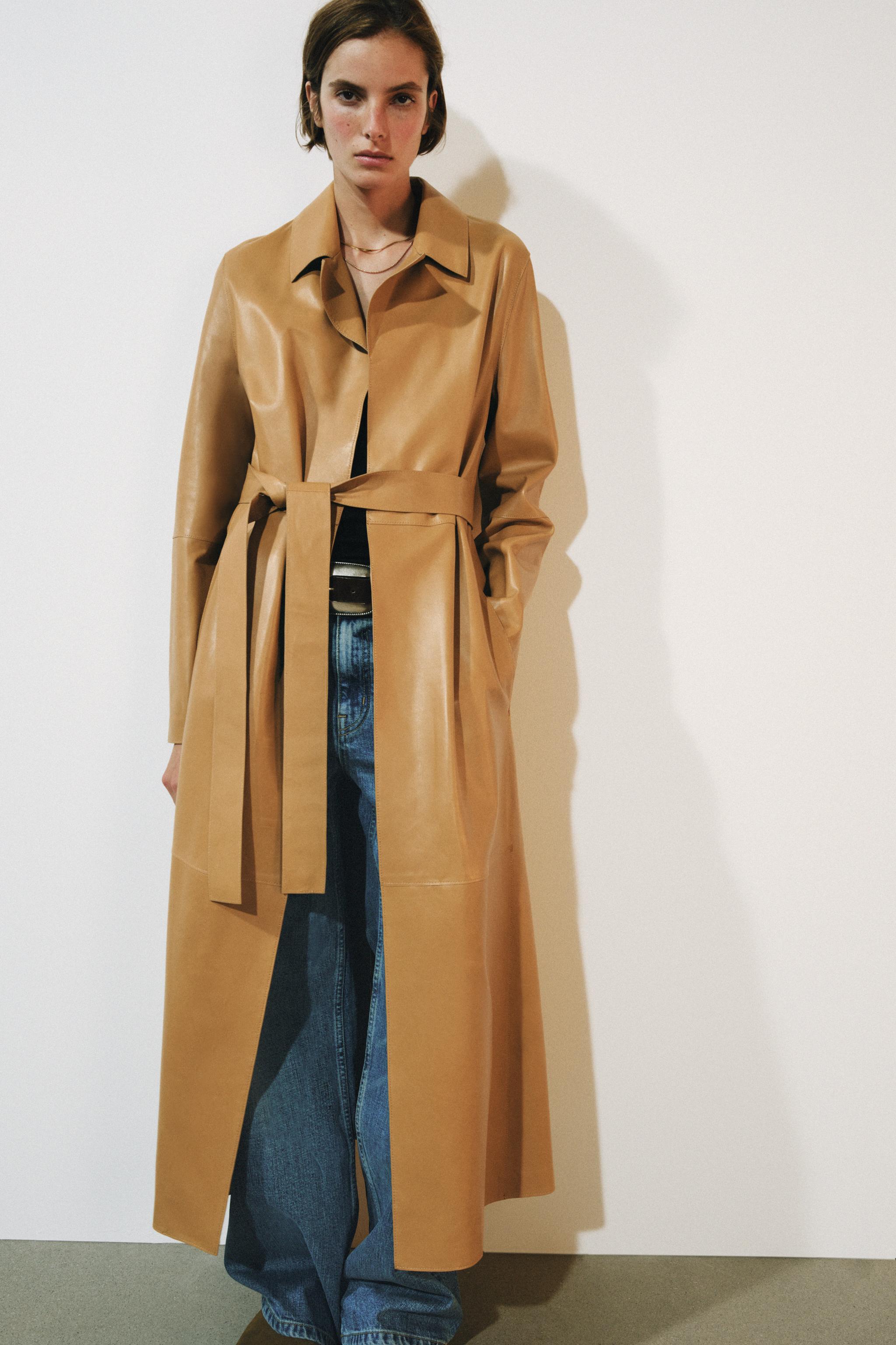 Zw Collection 100% Leather Belted Coat - Light Camel - Xs