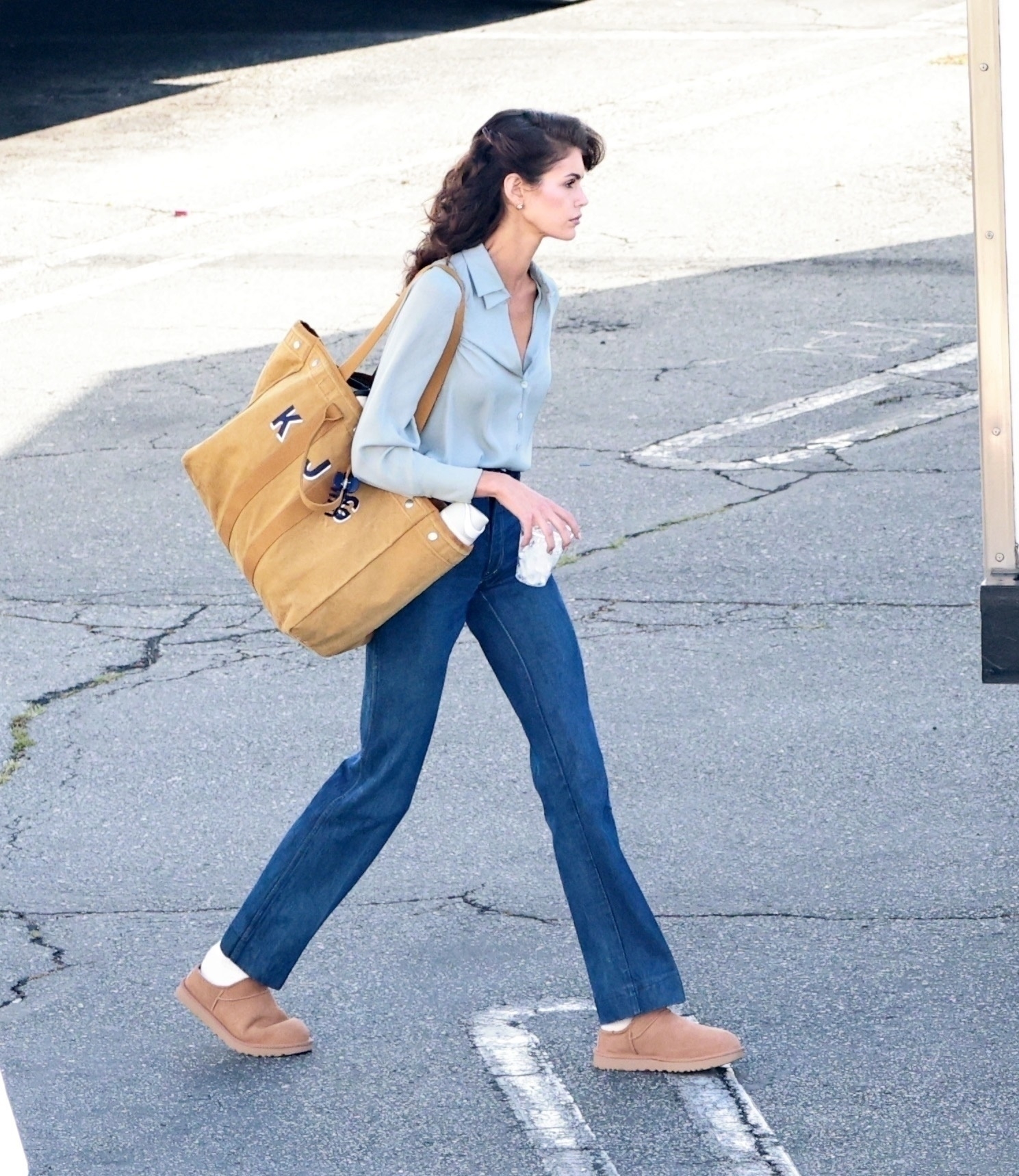 Photos of celebrities wearing the Alex Mill Everyday Weekday monogrammed tote bag.