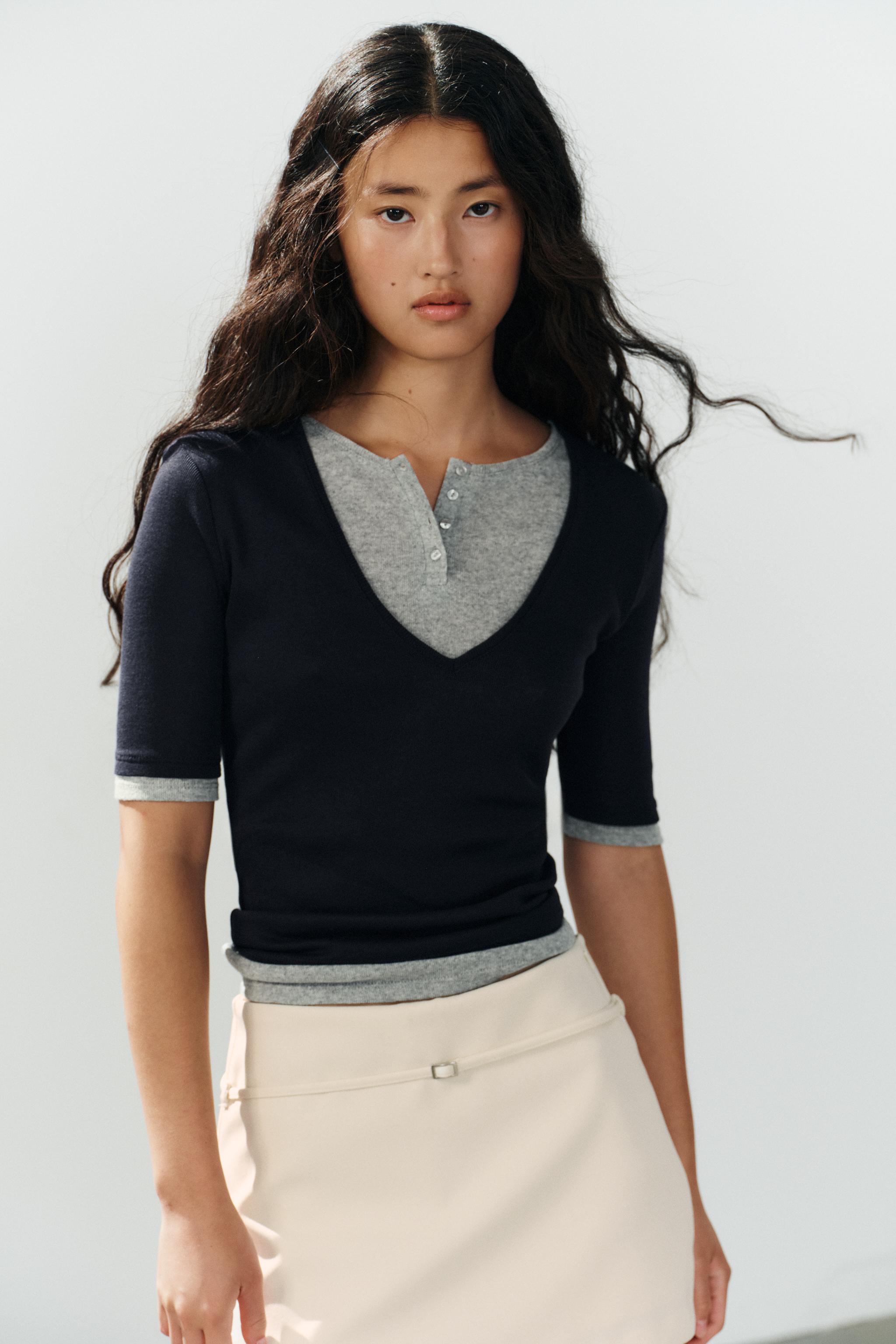Double Layer Henley Top - Navy Blue - S