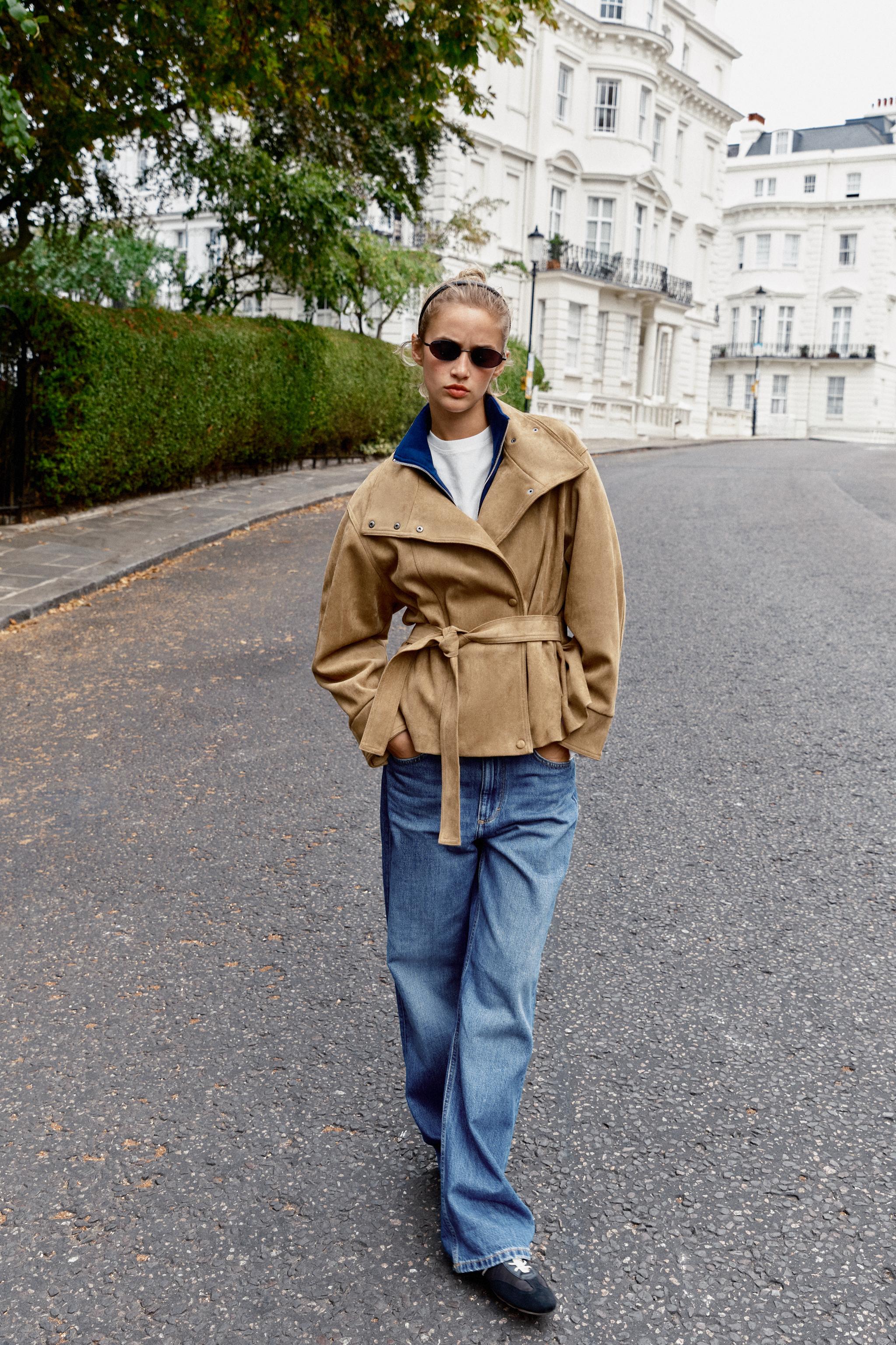 Faux Suede Belted Jacket - Dark Camel - S