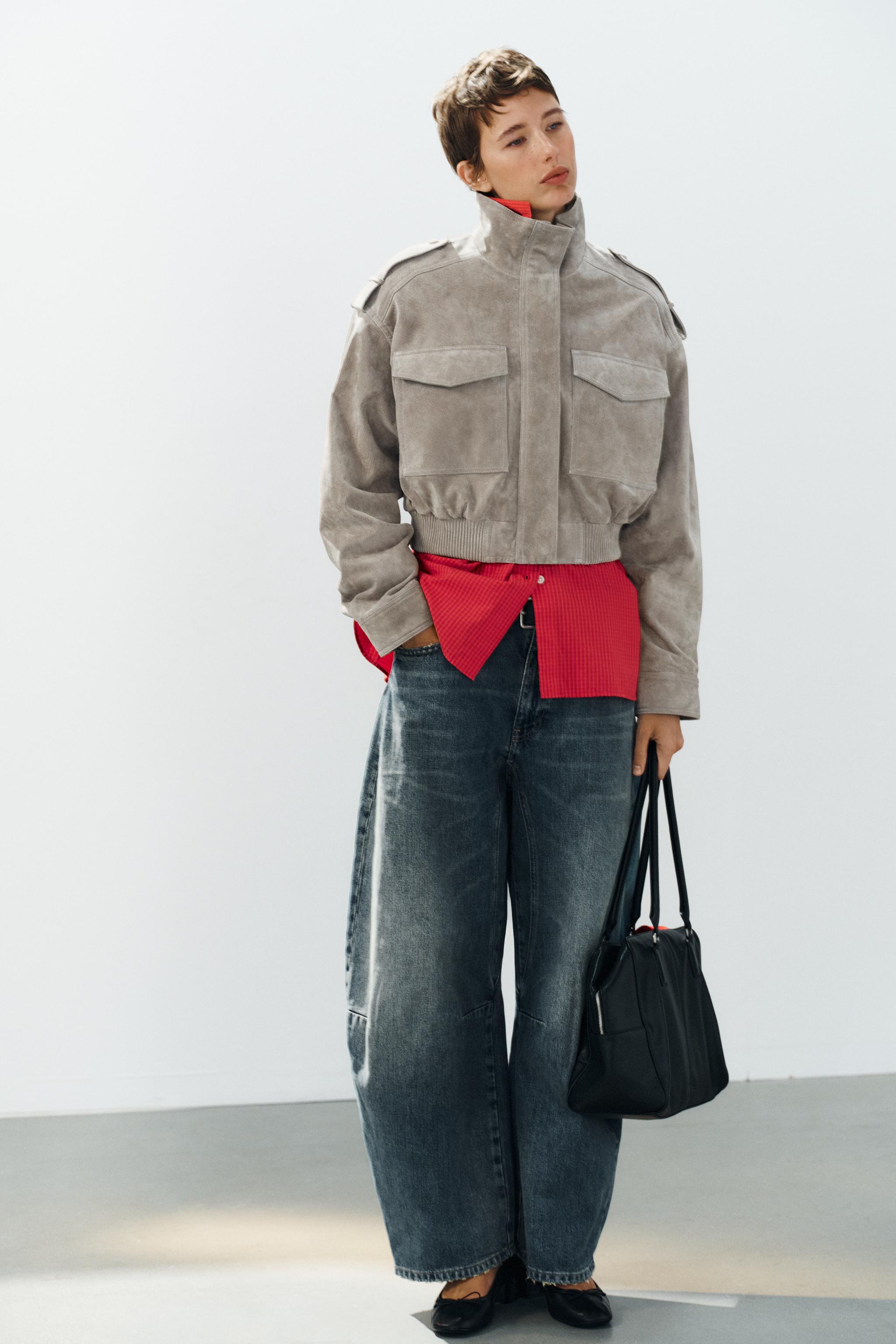 100% Leather Cropped Jacket With Tabs - Light Grey - Xs