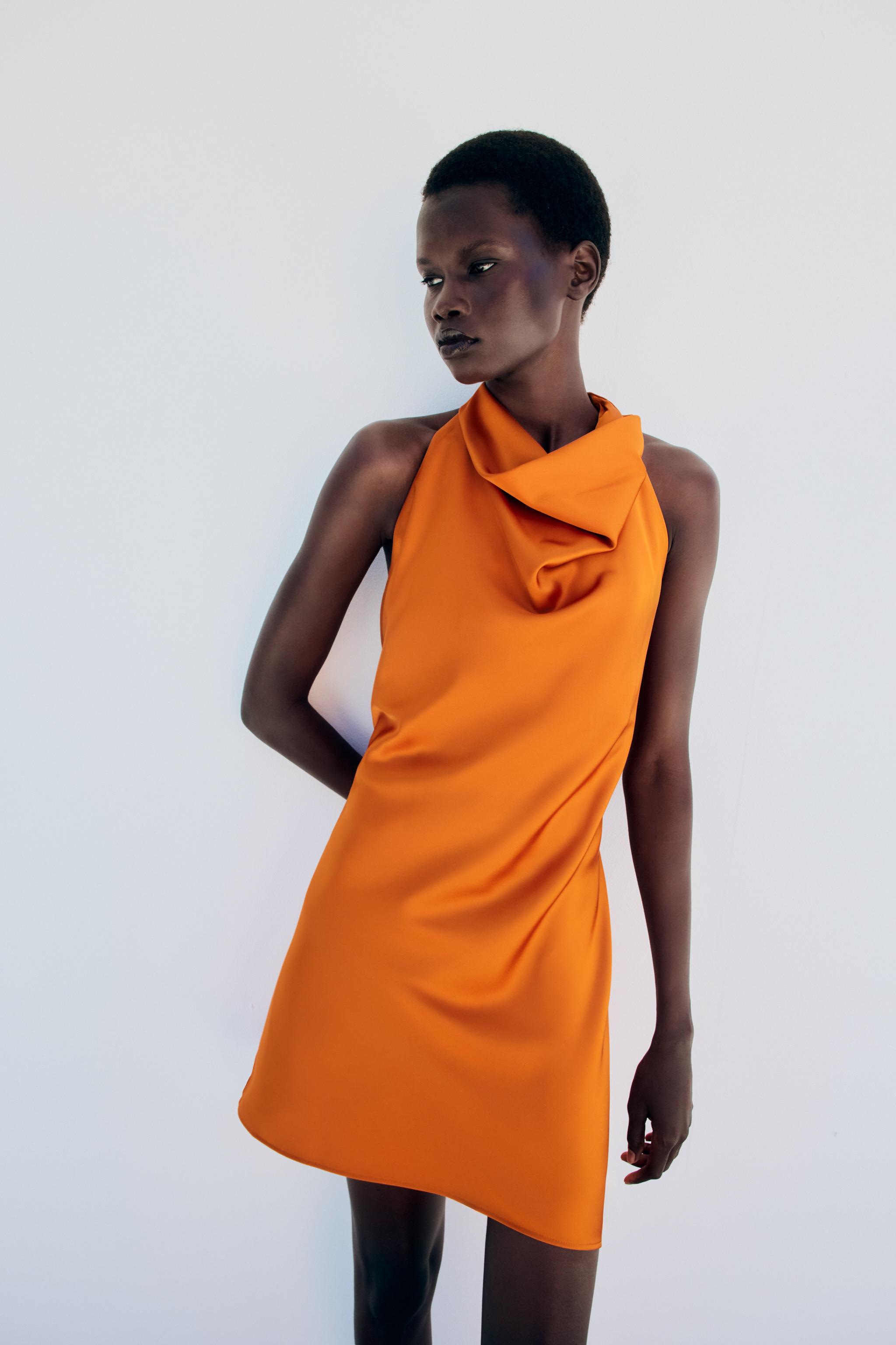 Satin Mini Dress - Orange - Xs